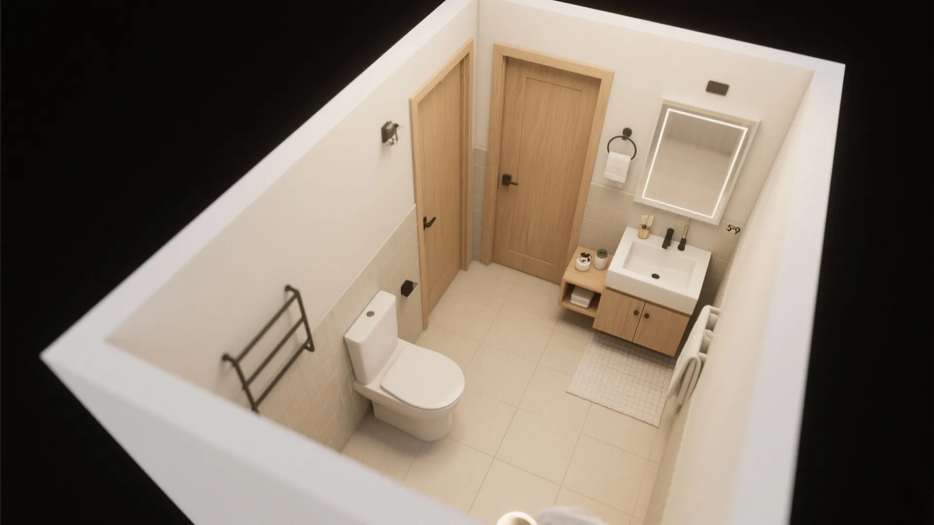 Modern bathroom top view showing white toilet wood doors small sink cabinet and tiled floor design