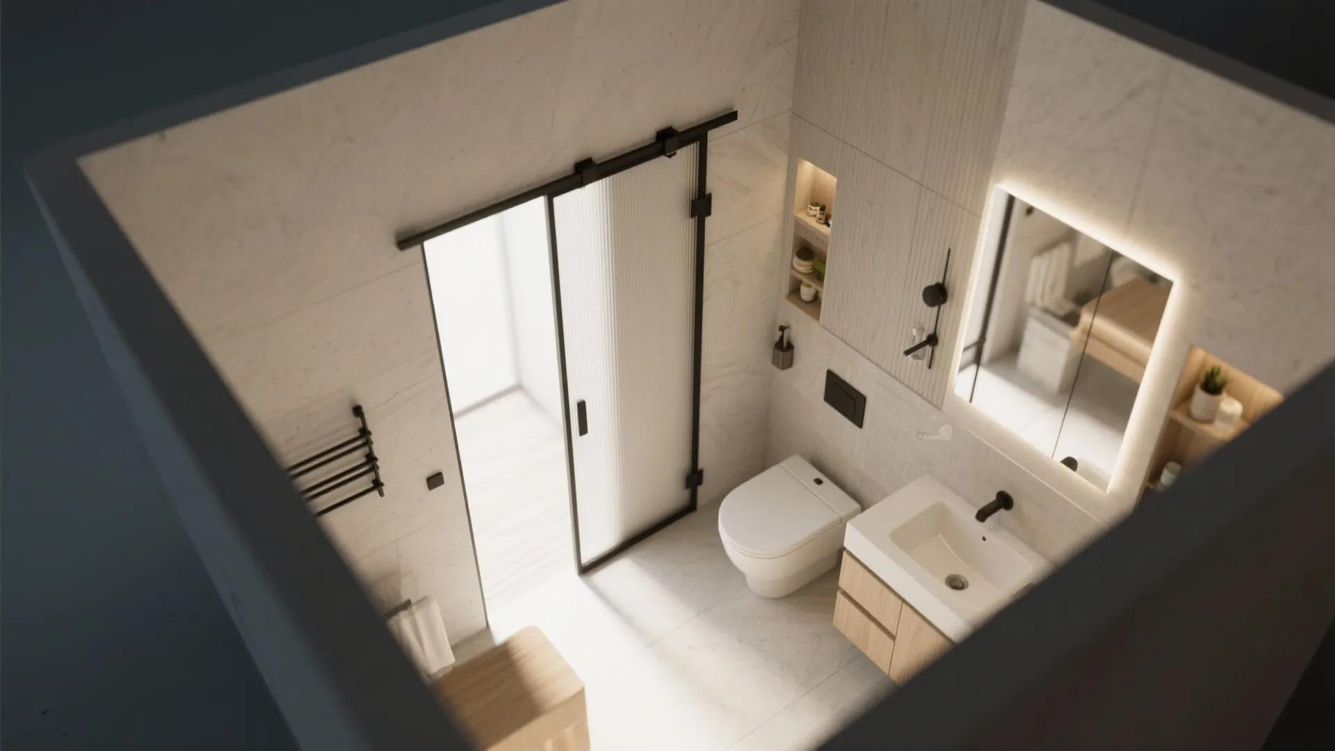 Top-down bathroom layout featuring a pocket door