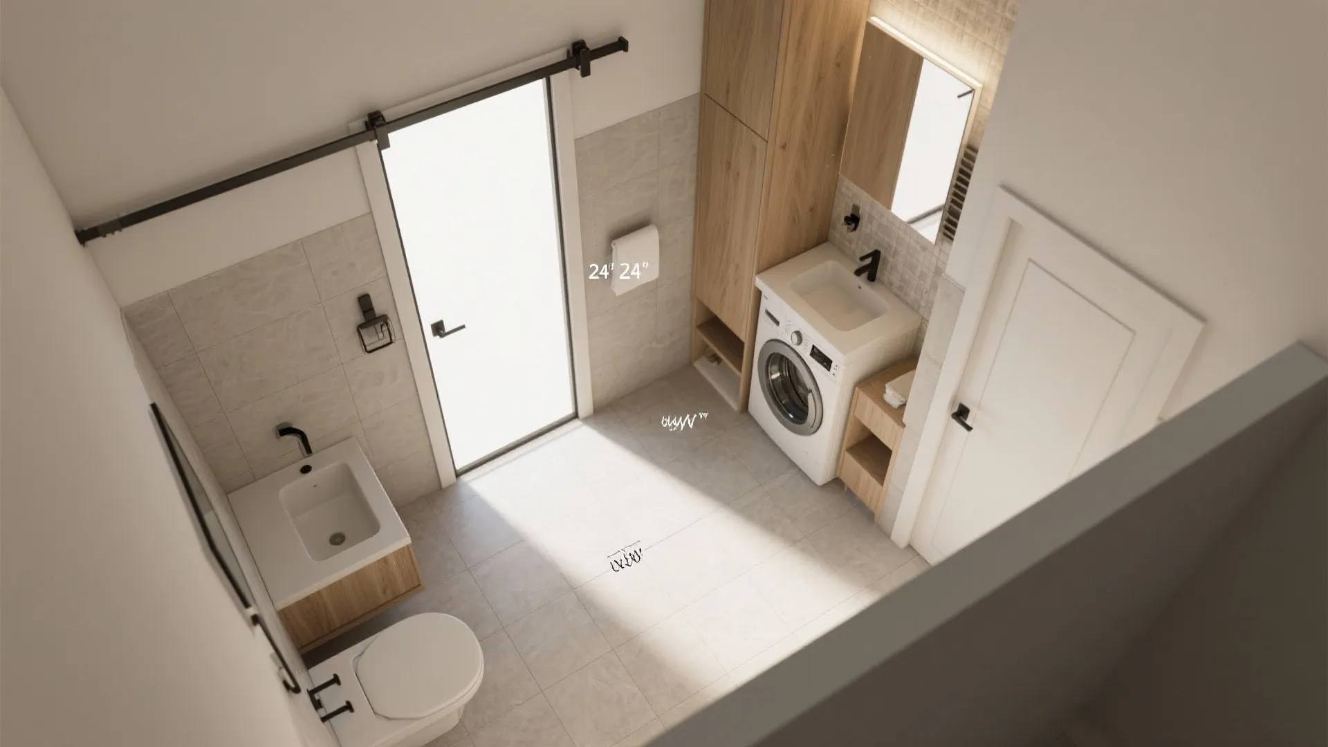 Top view interior design drawing showing bathroom layout with washing machine sink toilet and sliding door