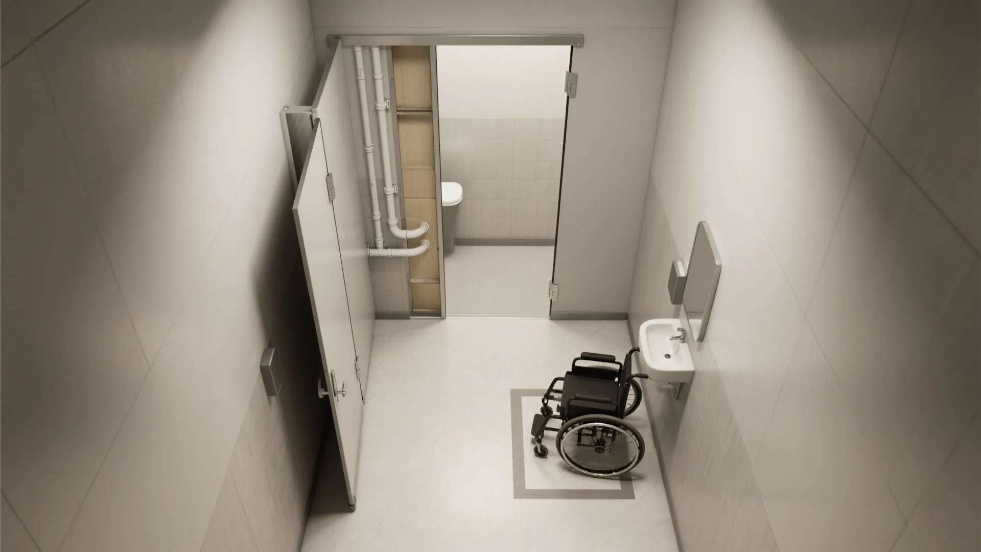 Overhead view of accessible bathroom layout featuring wheelchair beside white sink and open toilet stall