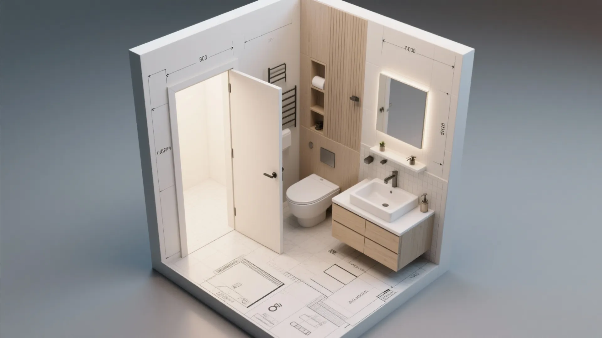 Top-down 3D floor-planner mockup showing pocket door clearances and bathroom layout