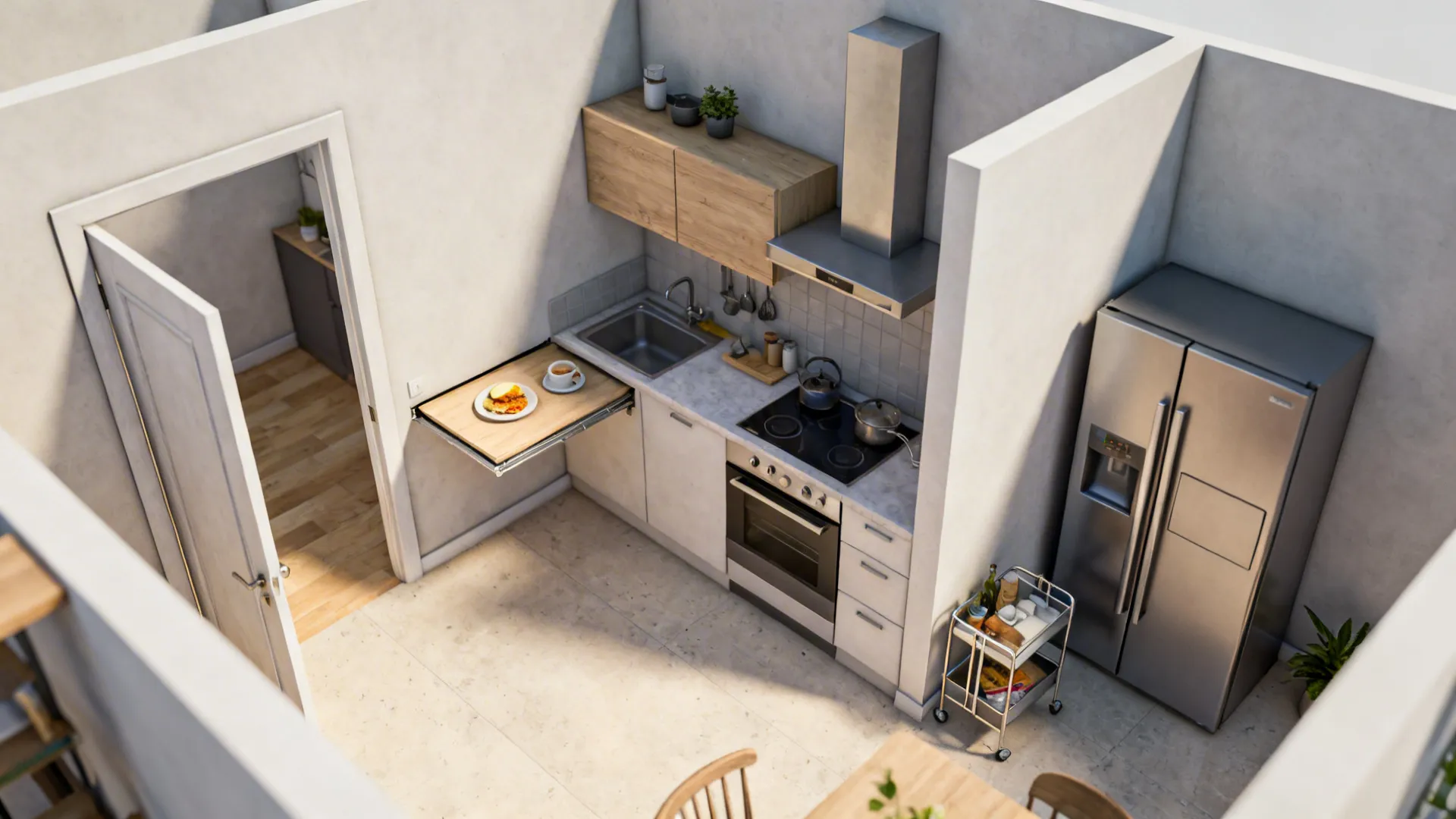 Top-down planner view showing pocket door clearance and fold-down counter in a small kitchen layout