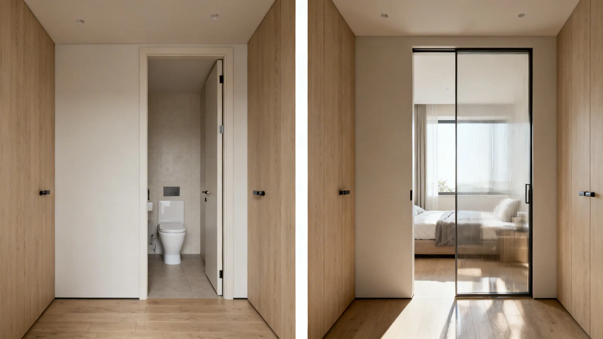 Before-and-after view showing swing door versus pocket door with frosted glass sharing light in a small bedroom.