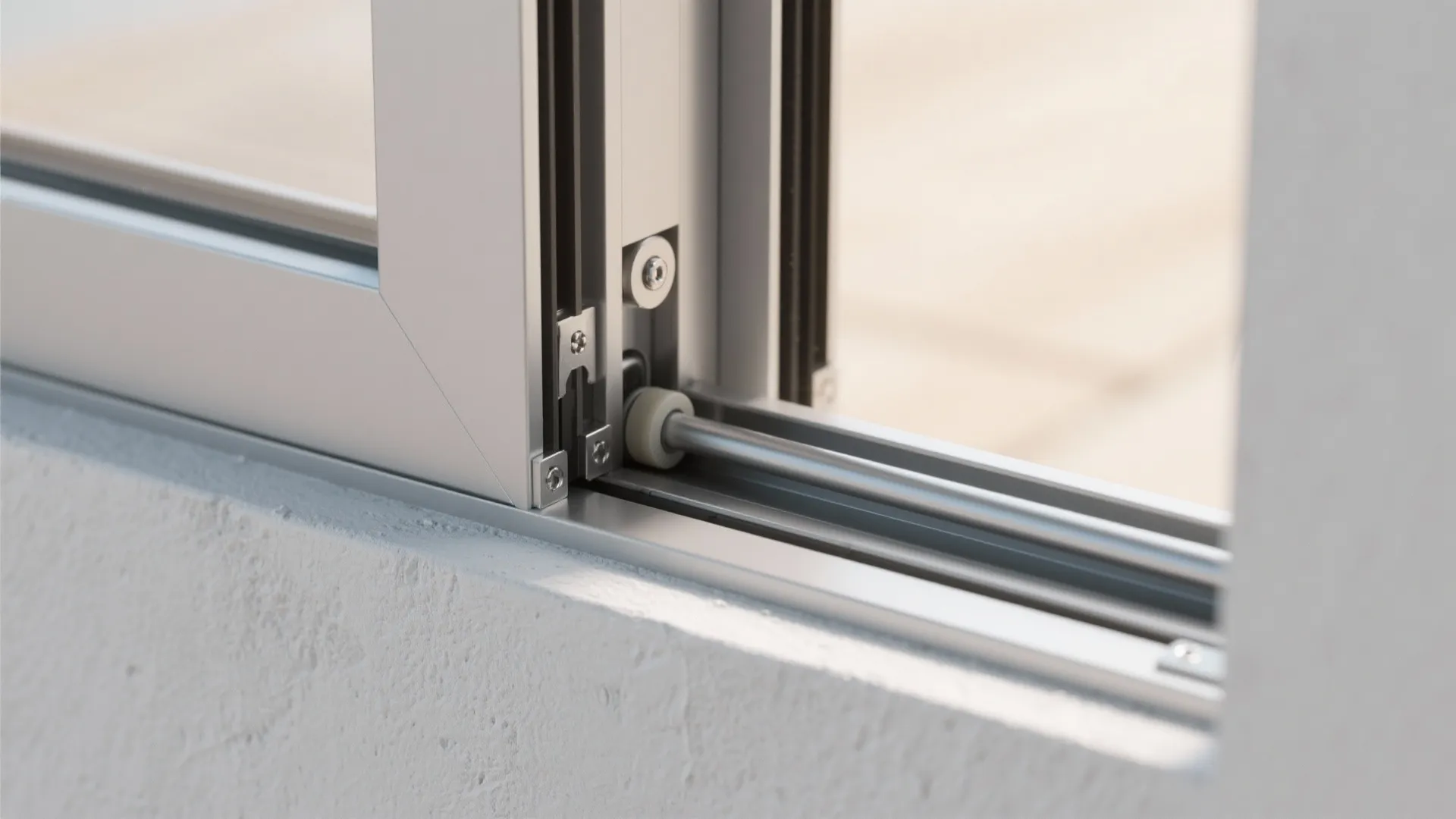 Macro of pocket sliding door edge, roller assembly, and clean wall cavity detail.