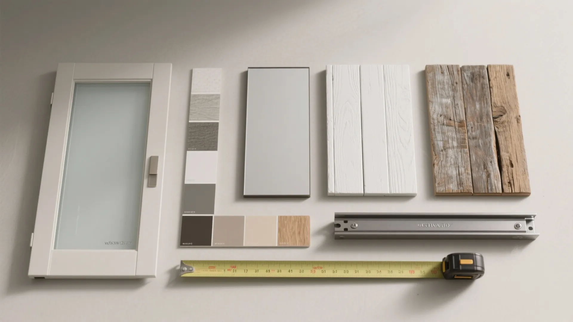 Flatlay of material samples for pocket doors including frosted glass, mirror, shiplap, reclaimed wood and track