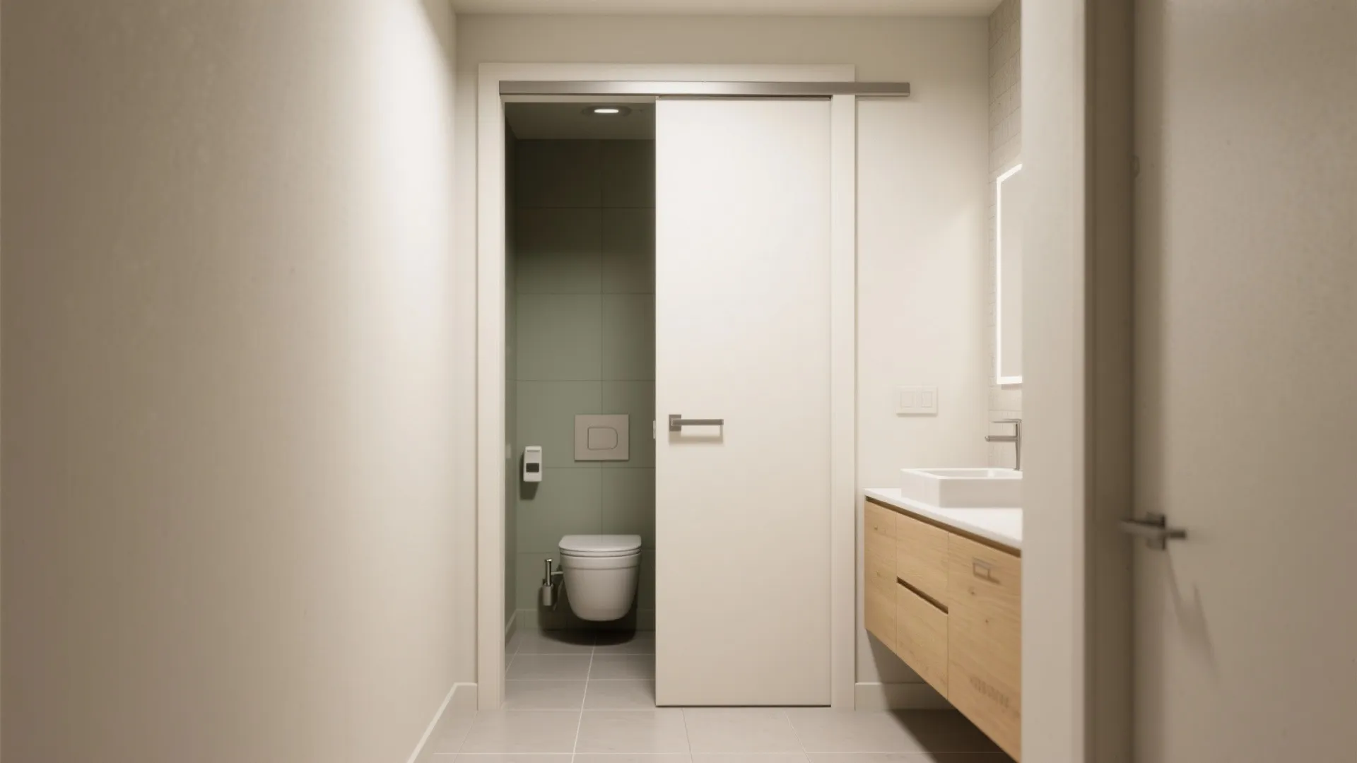 1) Sliding pocket door for a clean, flush finish