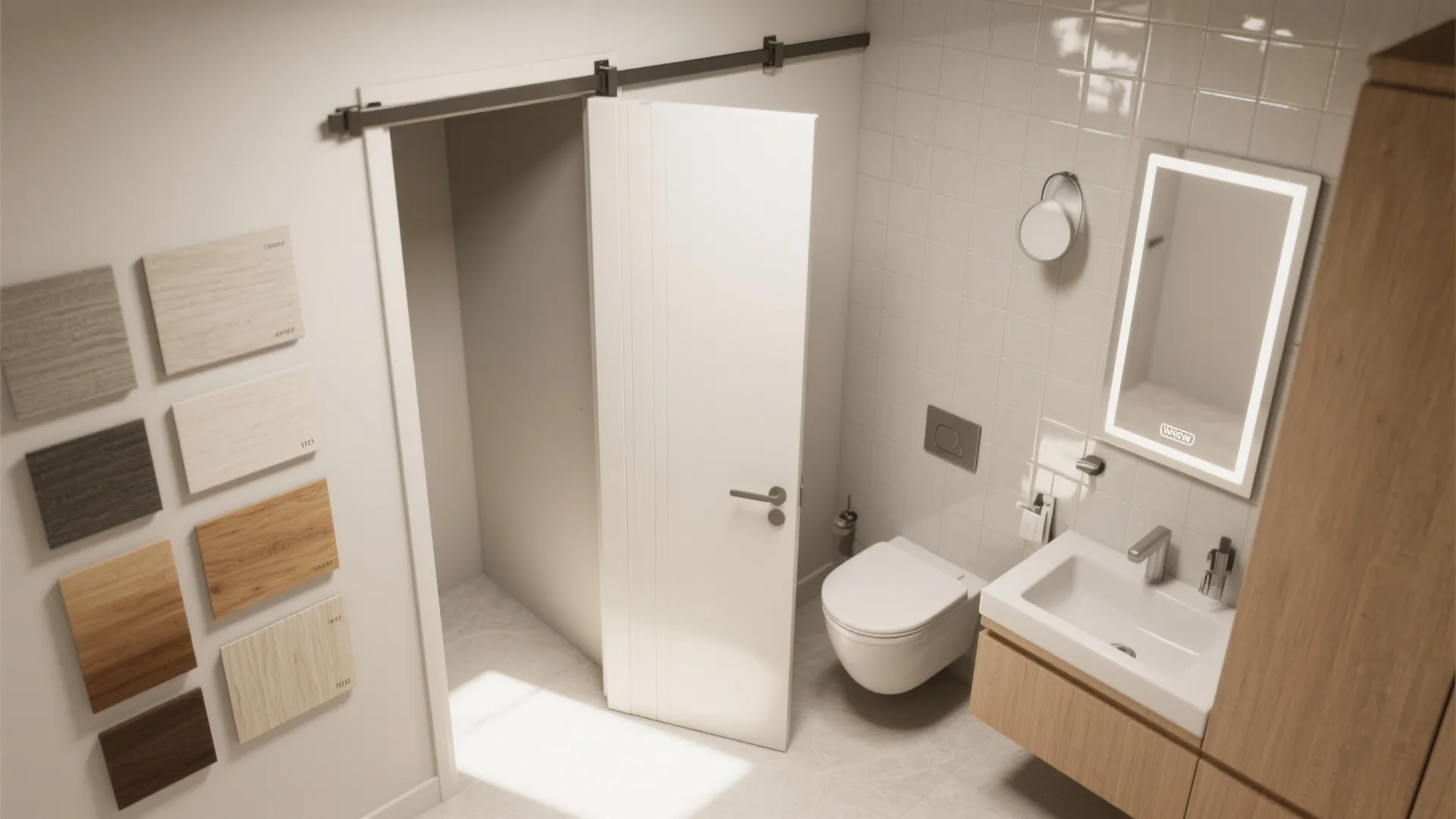 5. Pocket door, light tiles, and mirrored storage