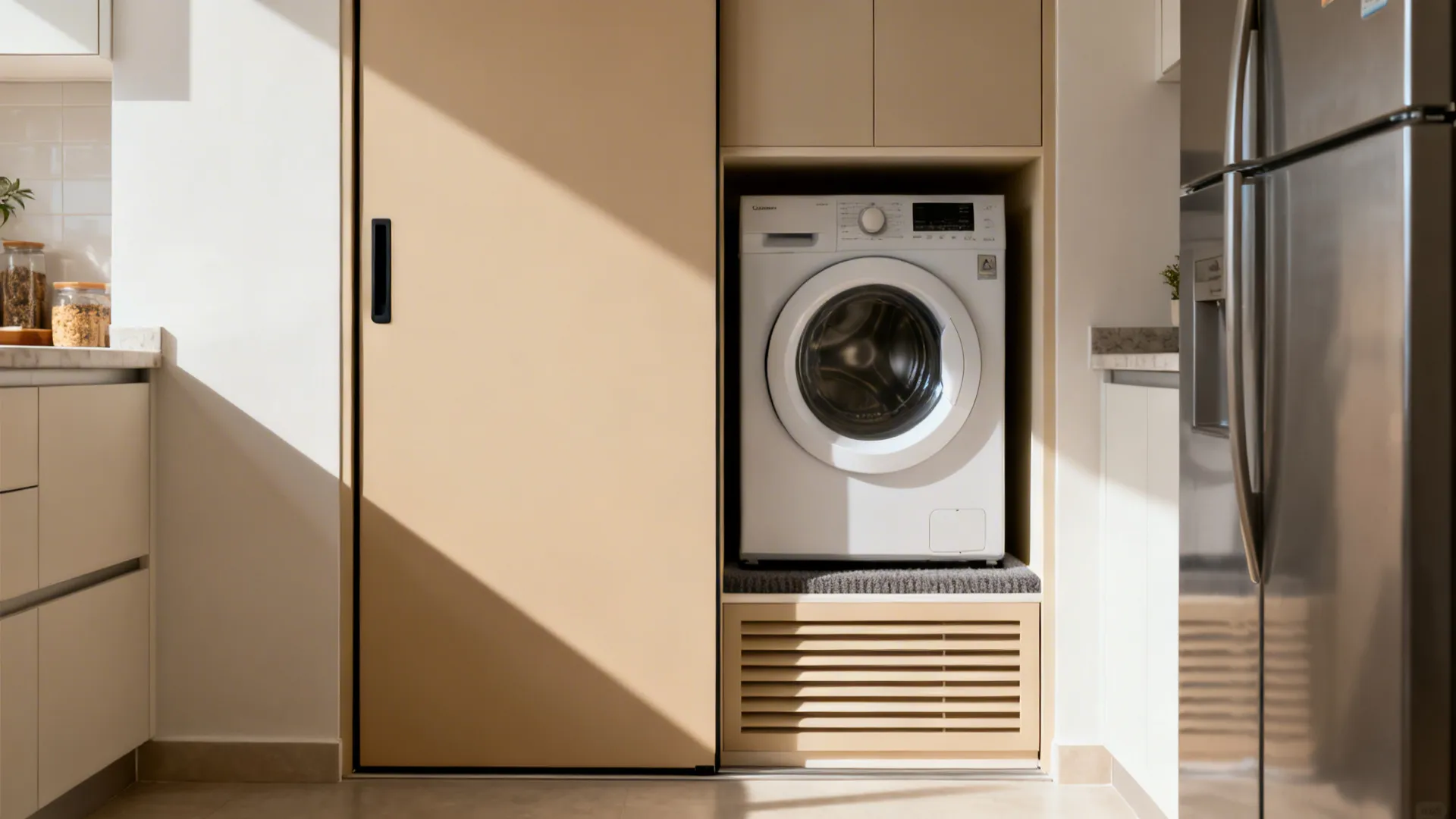 Sliding pocket door niche concealing a washer; closed it looks like a pantry, open it reveals the machine.