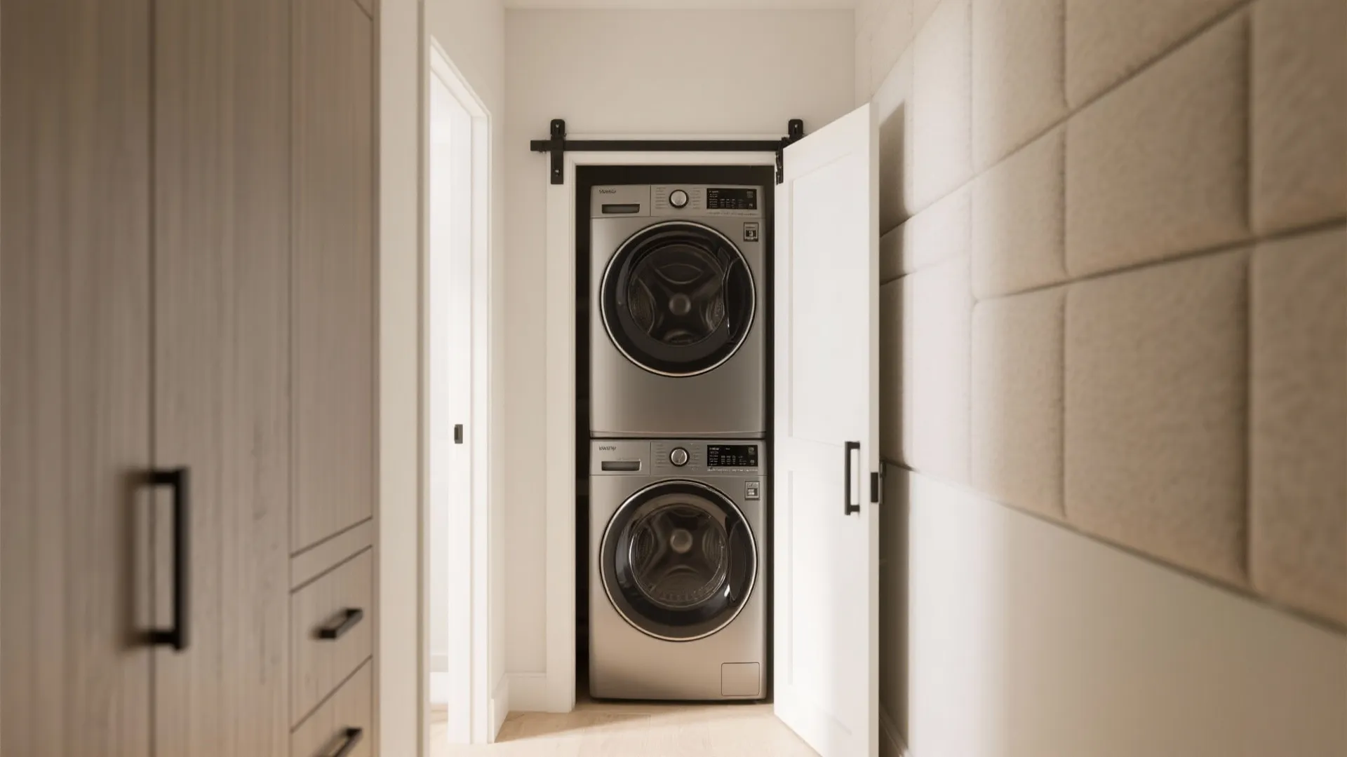 Narrow hallway laundry nook with pocket doors fully open and a low-profile bifold example, maximizing clearance.