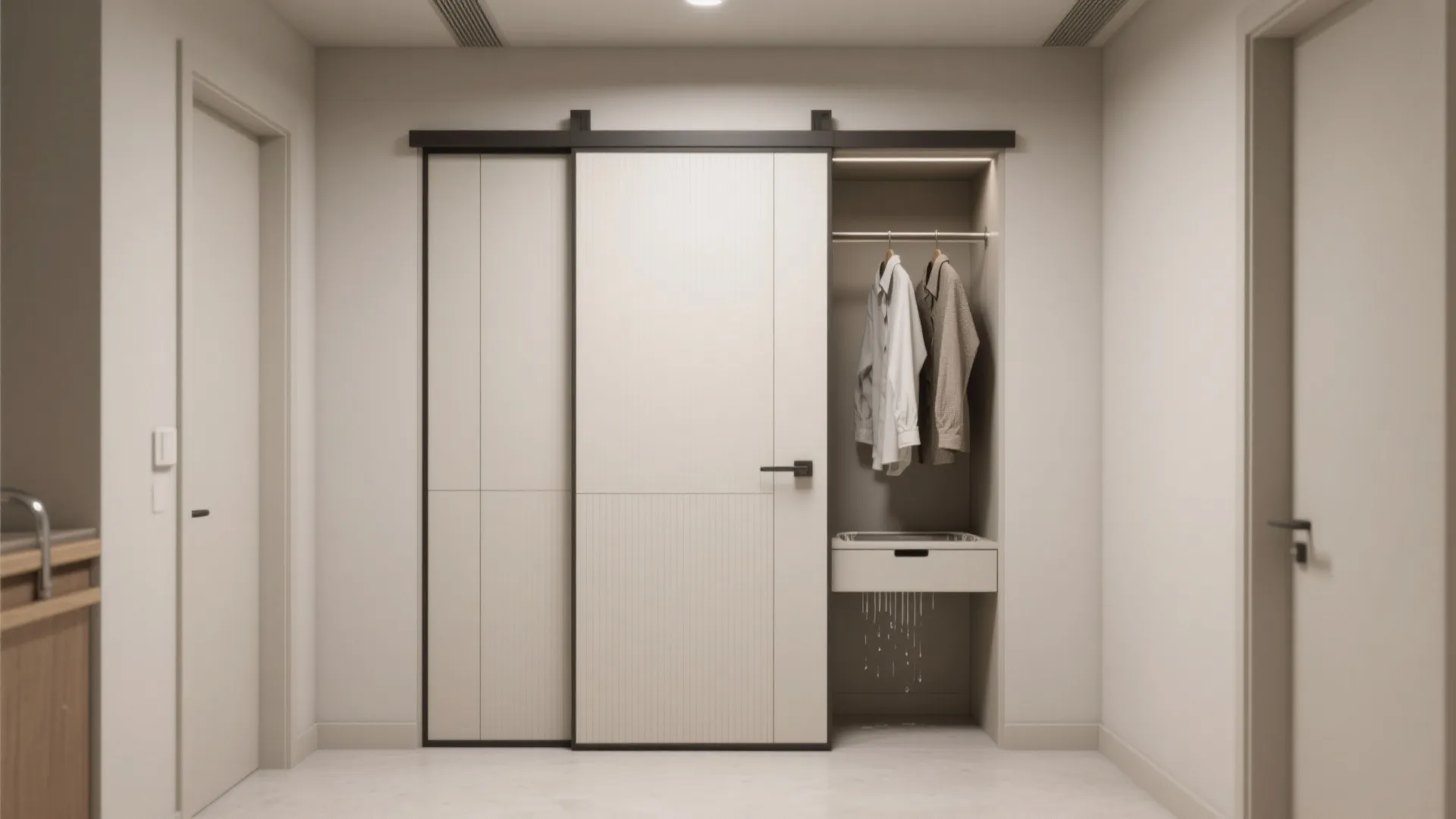 Sliding door pocket with hidden drying nook