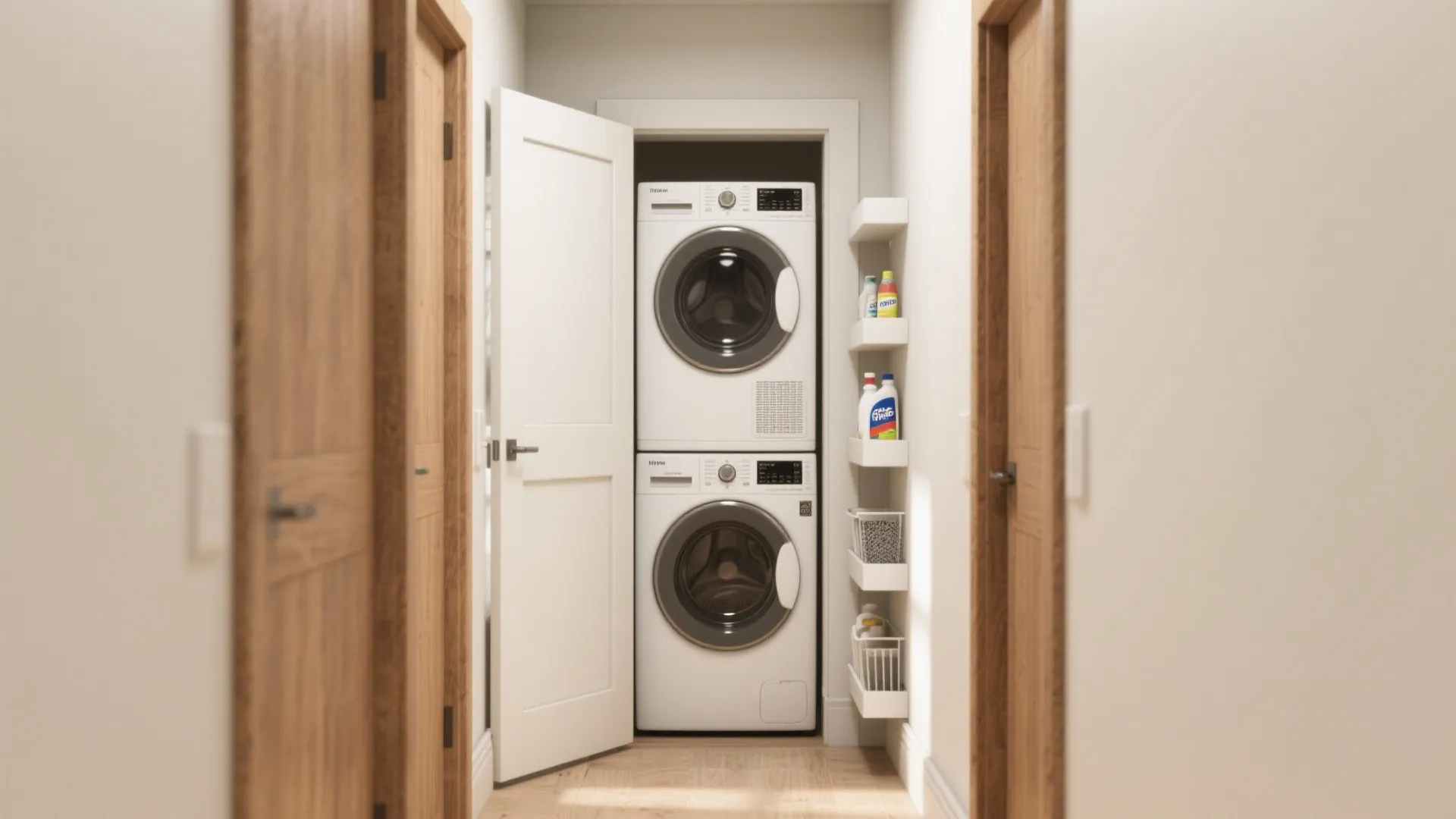 Stacked white washing machine and dryer in a narrow closet with shelves and white door