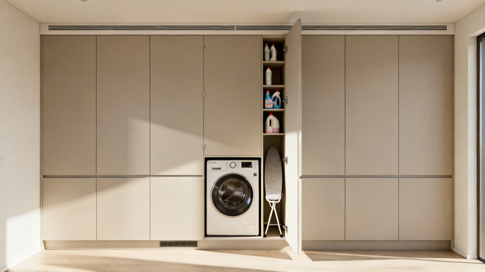 Flush pantry wall with pocket doors revealing a front-load washer and vertical utility storage.