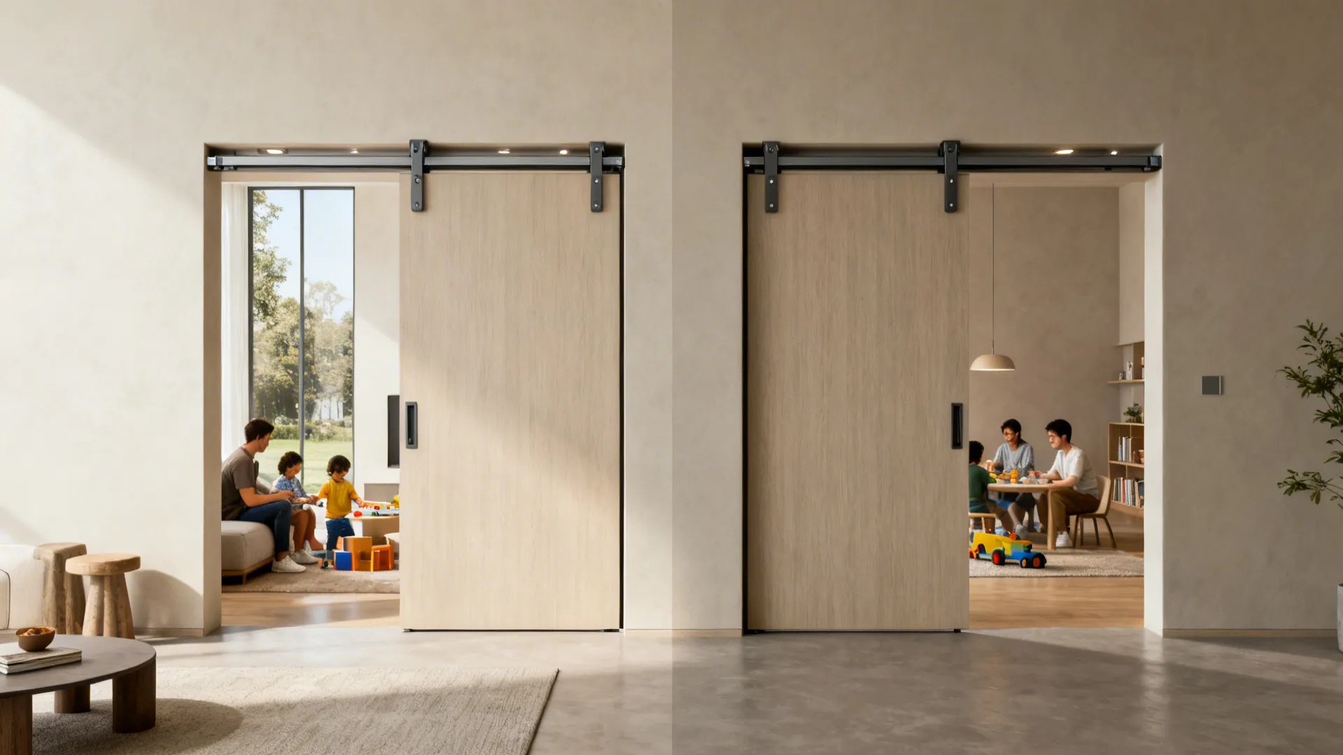 Partial interior wall with a recessed sliding pocket door shown open and closed for flexibility.