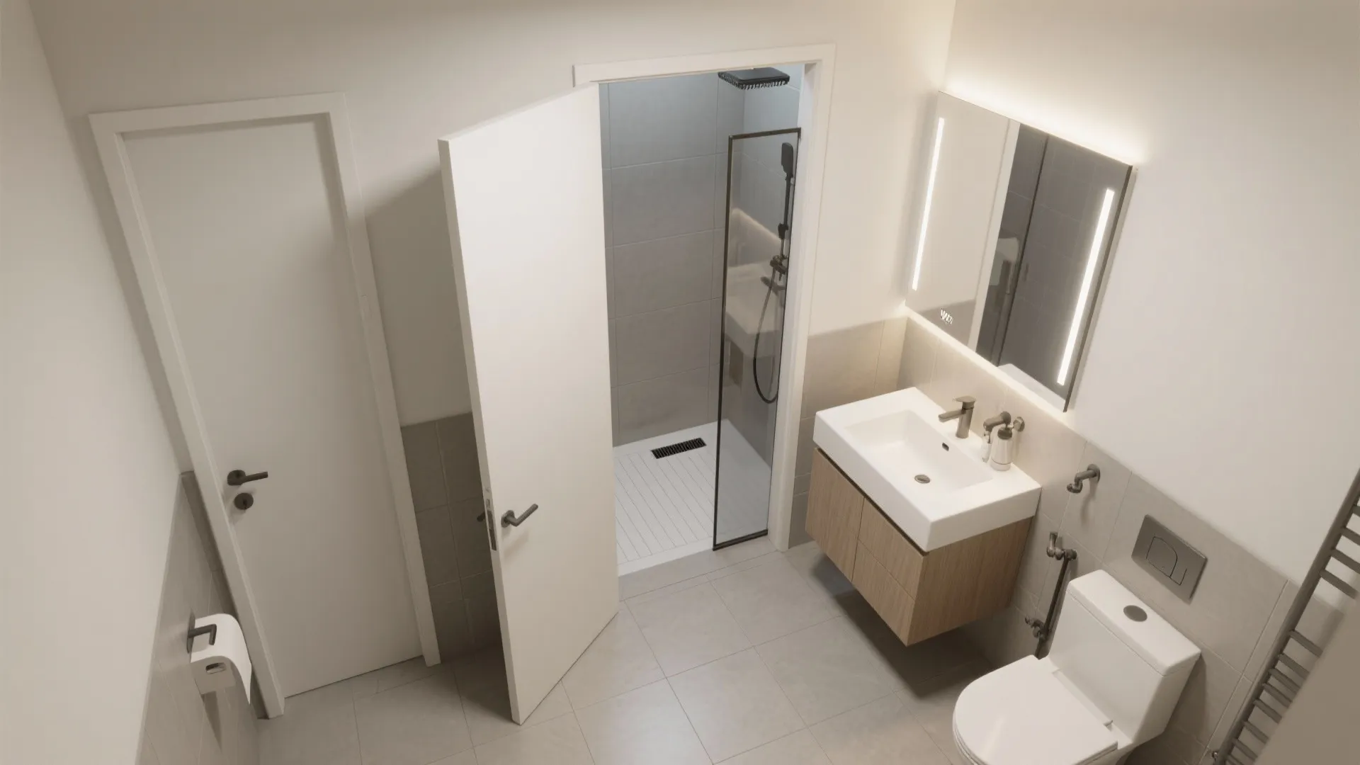 Minimalist bathroom design with open white door wooden vanity lighted mirror toilet and glass shower
