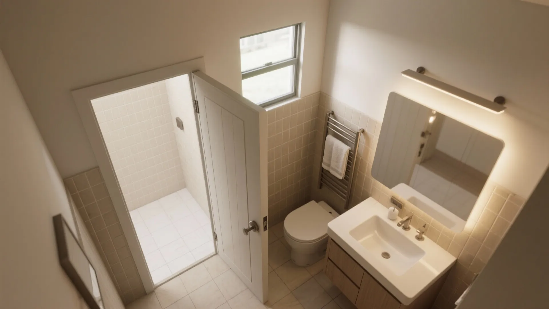 Top down view of a small bathroom with a white door opening into a shower