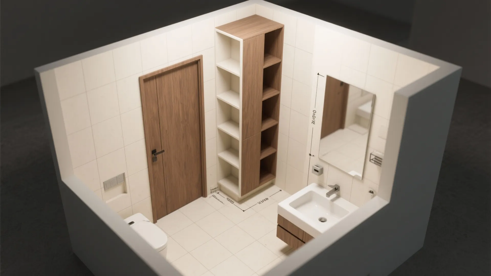Interior design drawing of a small bathroom layout with wooden door, cabinet, sink, and mirror