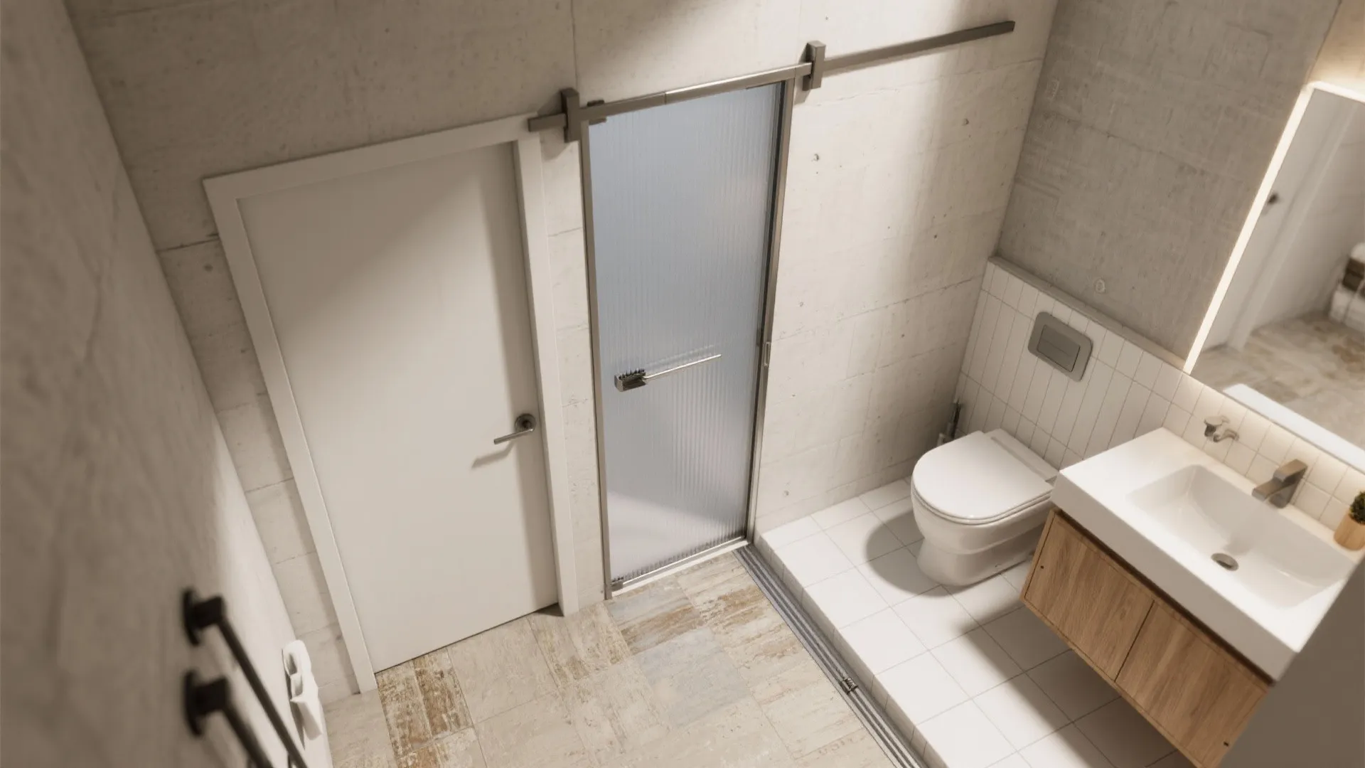 Top view of a modern bathroom with white door glass sliding door sink and toilet