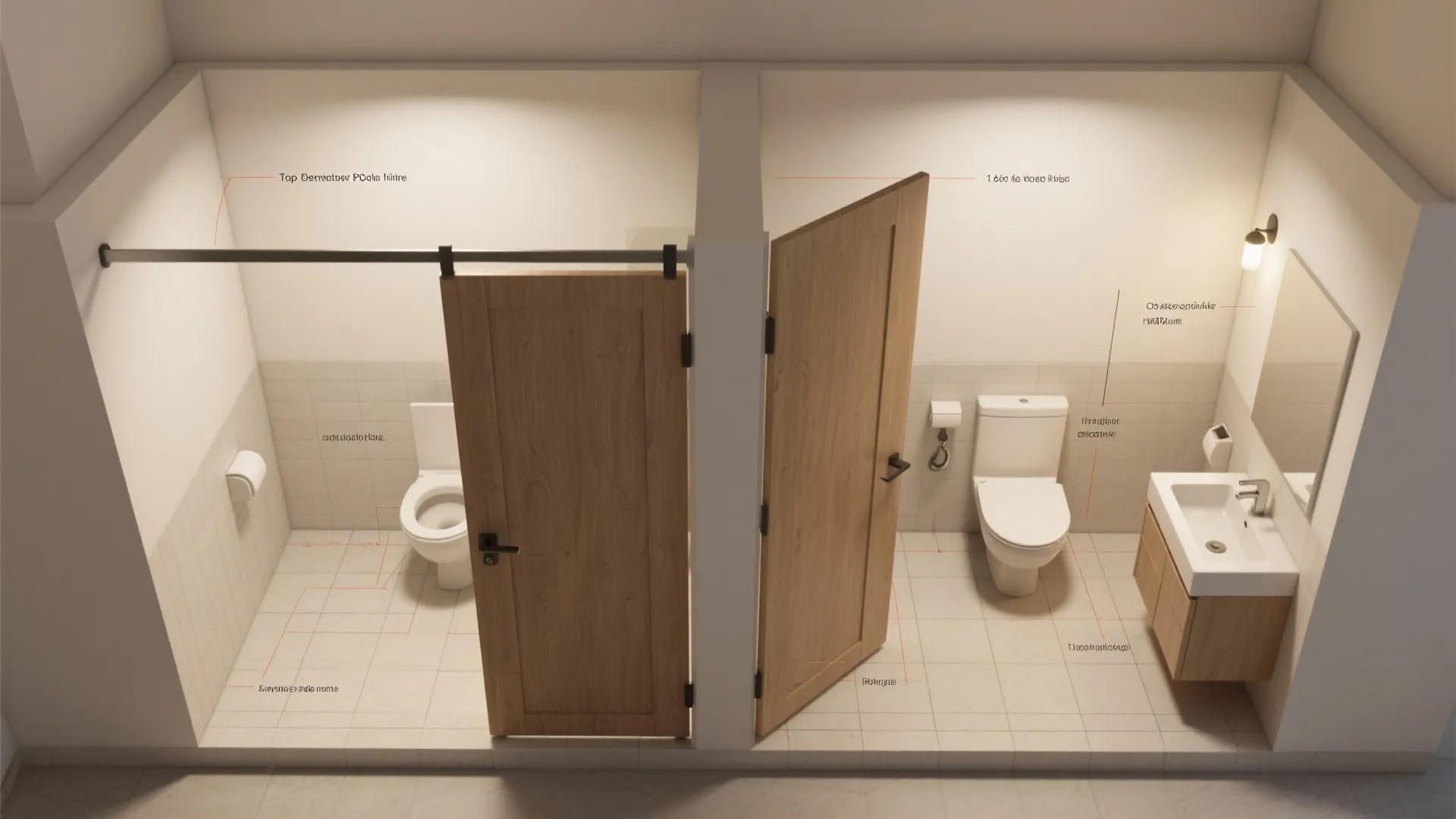 Interior design drawing showing two bathroom layouts with wooden doors white toilets and a sink