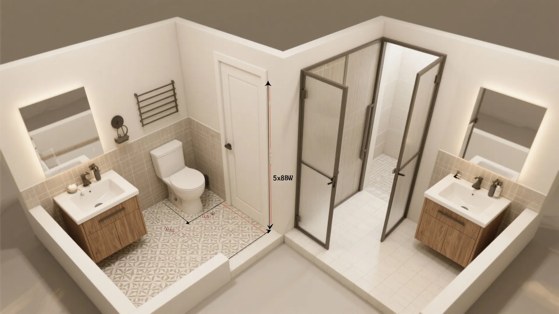 Top-down comparison floor plan of a 5 x 8 bathroom showing swinging door versus pocket door and the reclaimed space.