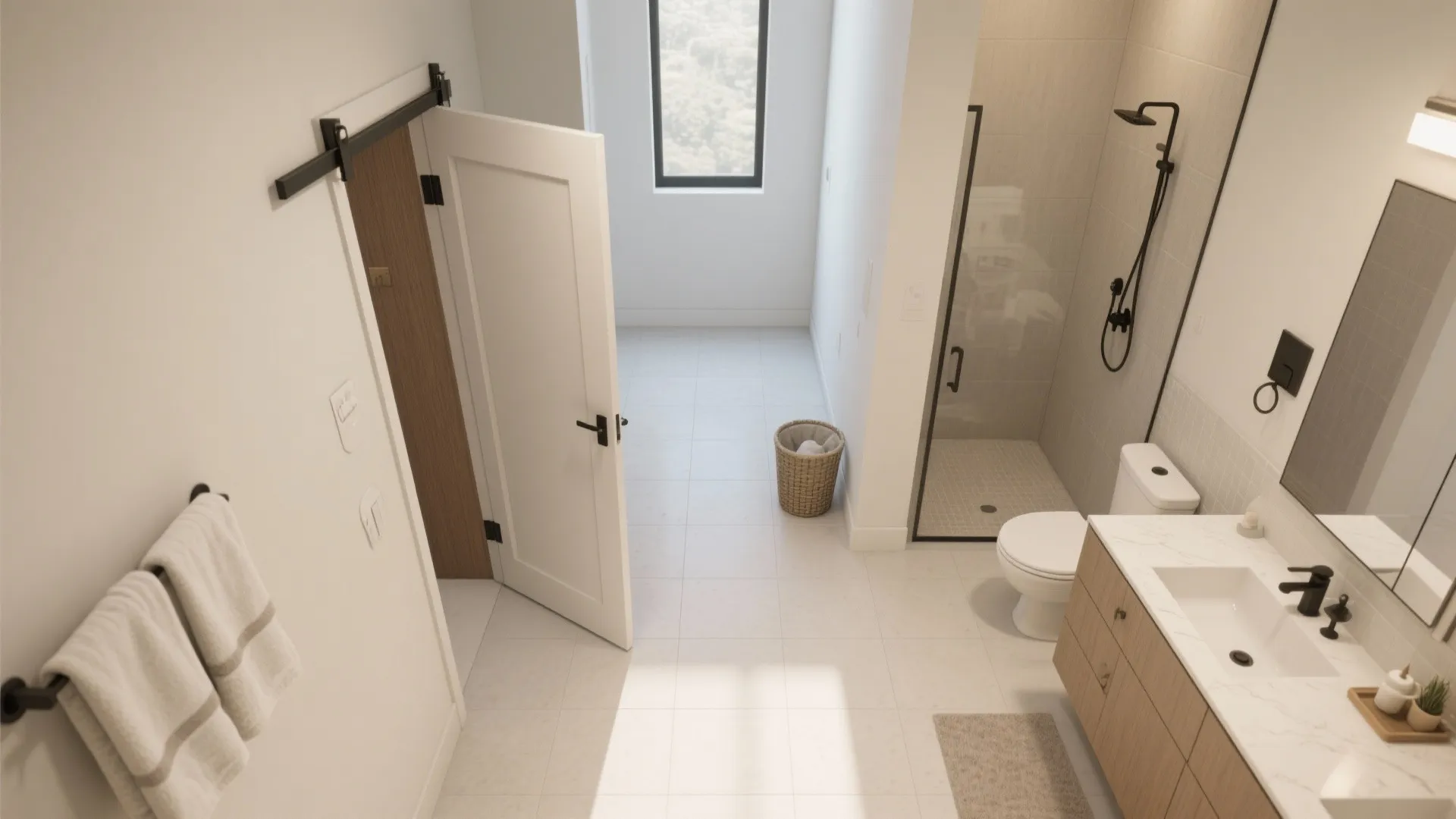 Bright bathroom featuring white door wooden barn door glass shower toilet and light wood storage vanity
