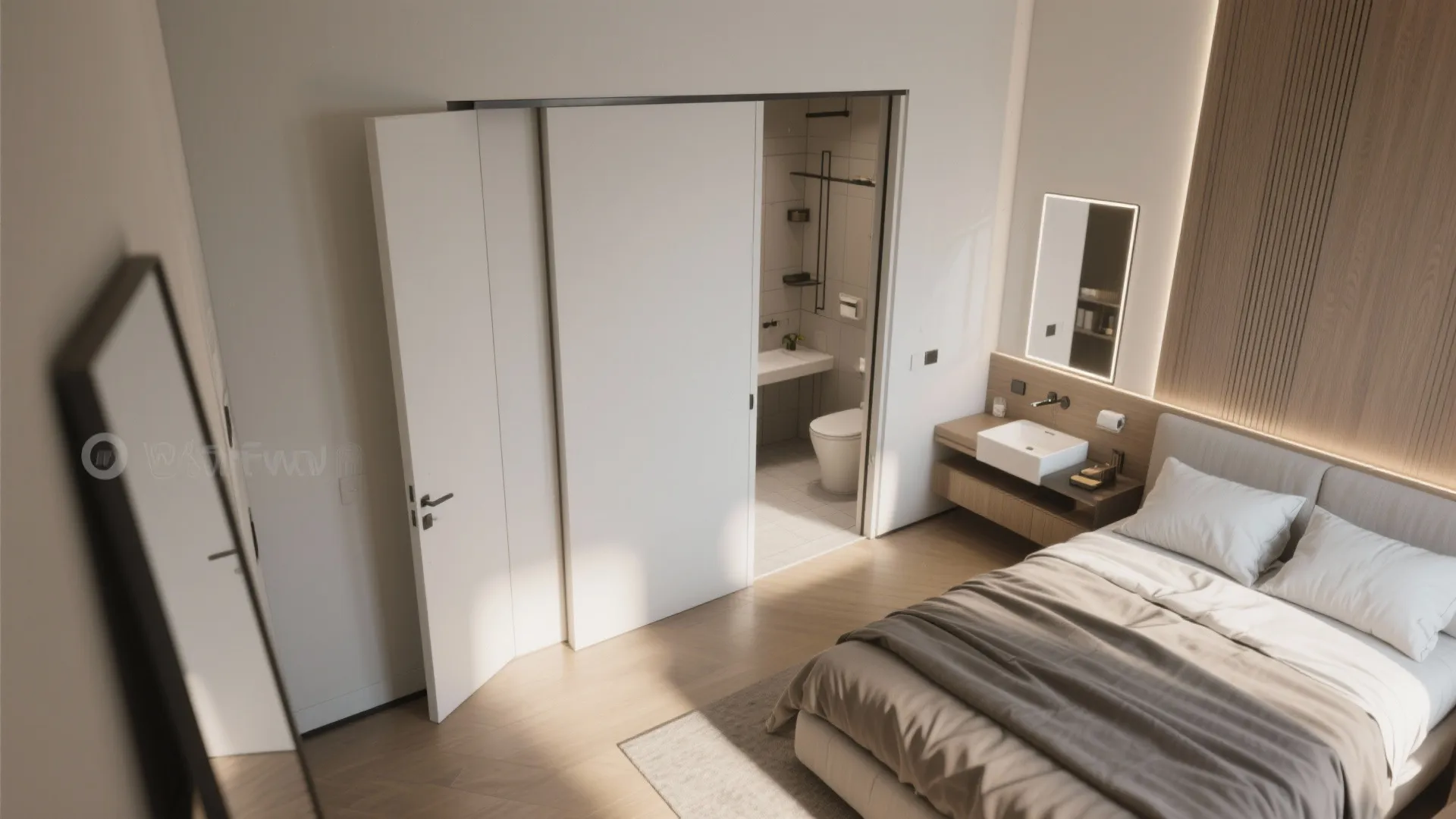 Top view of a bedroom with a white sliding door leading to a small bathroom