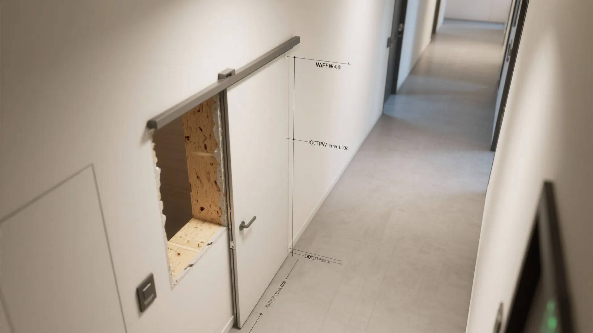 White sliding door in a long hallway with measurement lines showing height and width details