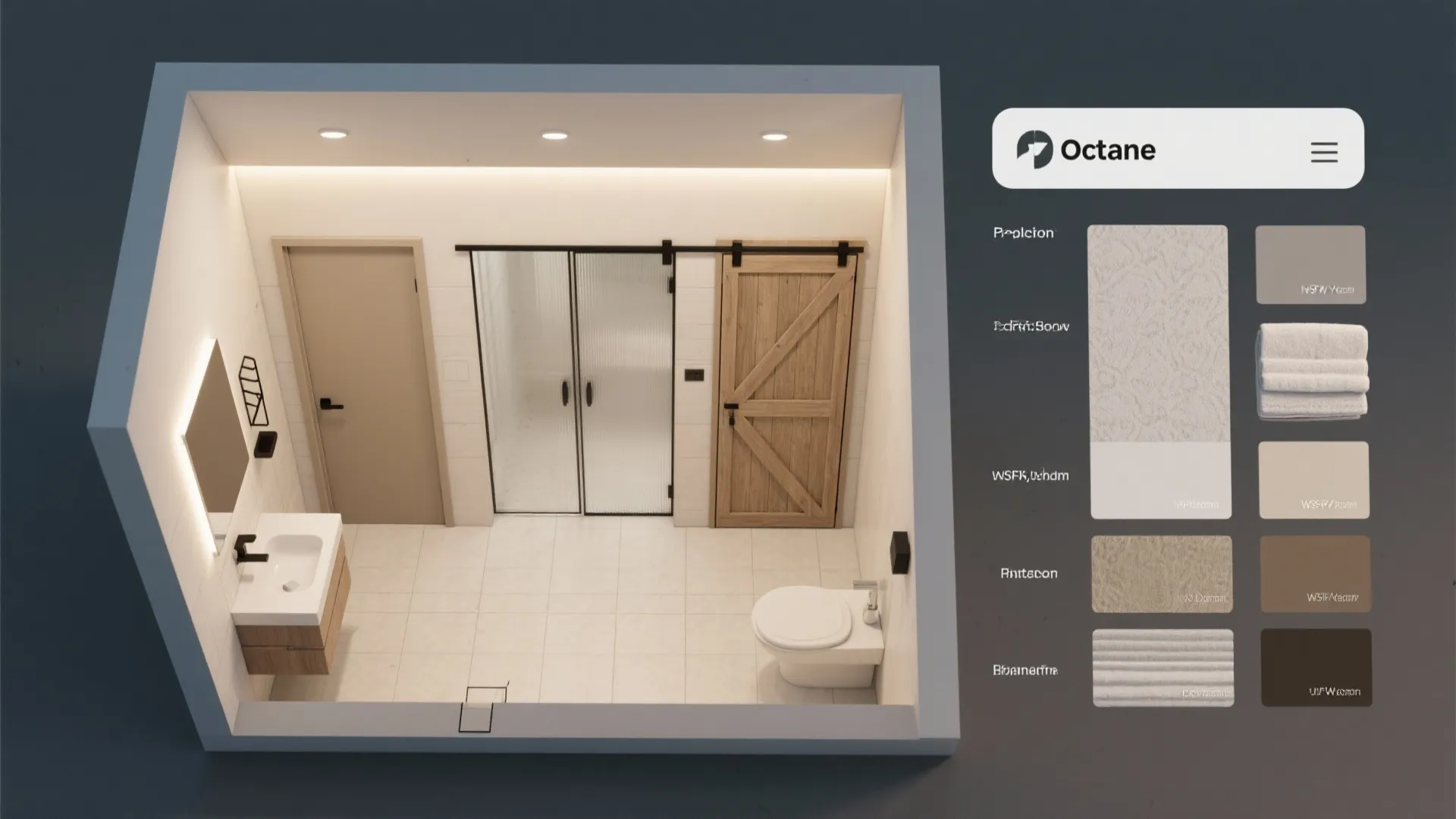 Top-down 3D floor plan of a small bathroom showing multiple pocket door options and material swatches.