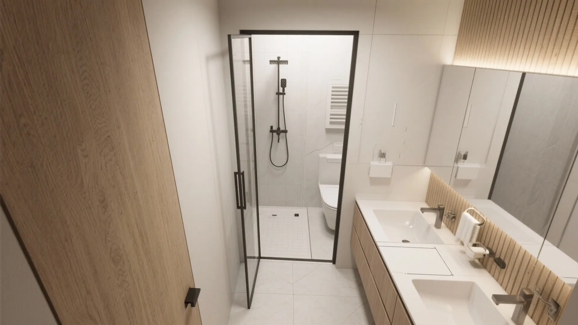 White bathroom with double sink vanity glass shower door wood door and grey floor tile design