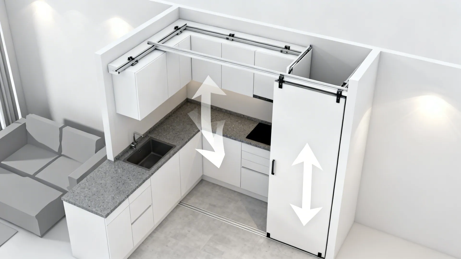 Top-down view illustrating pocket doors for a flexible half-open kitchen next to a living area.