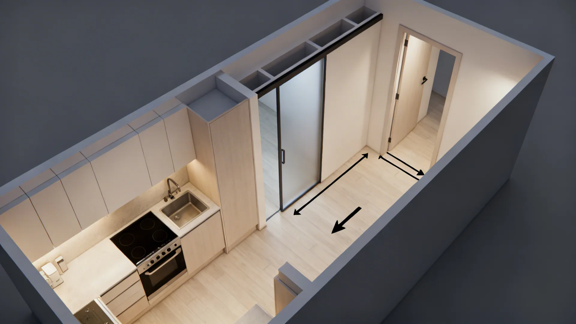 Top-down view showing a pocket door path aligned with an L-shaped compact kitchen.