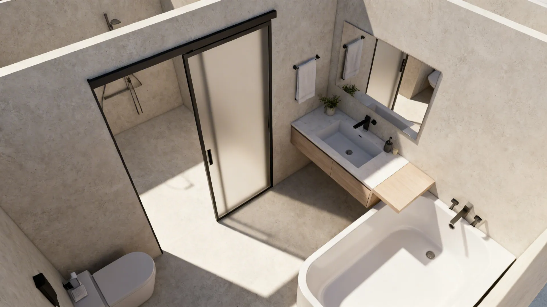 Top-down view of a small bathroom layout with pocket door and integrated vanity-tub