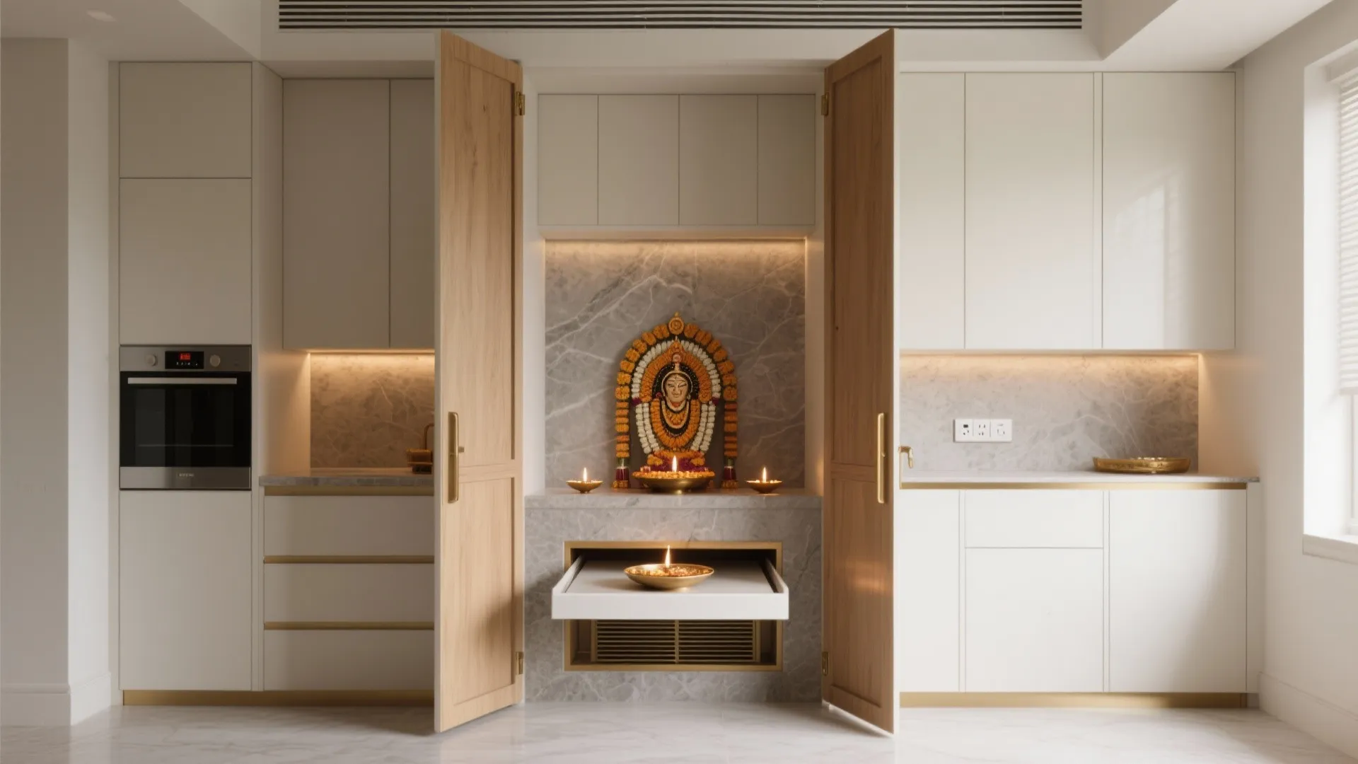 2) The Hidden “Appliance-Garage” Pooja: Pocket Doors in a Tall Cabinet