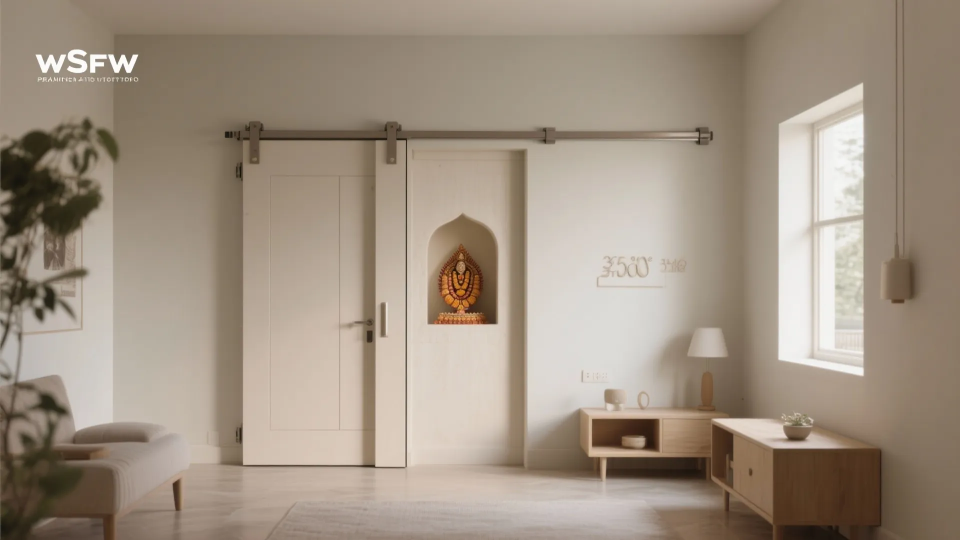 Studio apartment pooja niche with a slim pocket door disappearing into the wall.