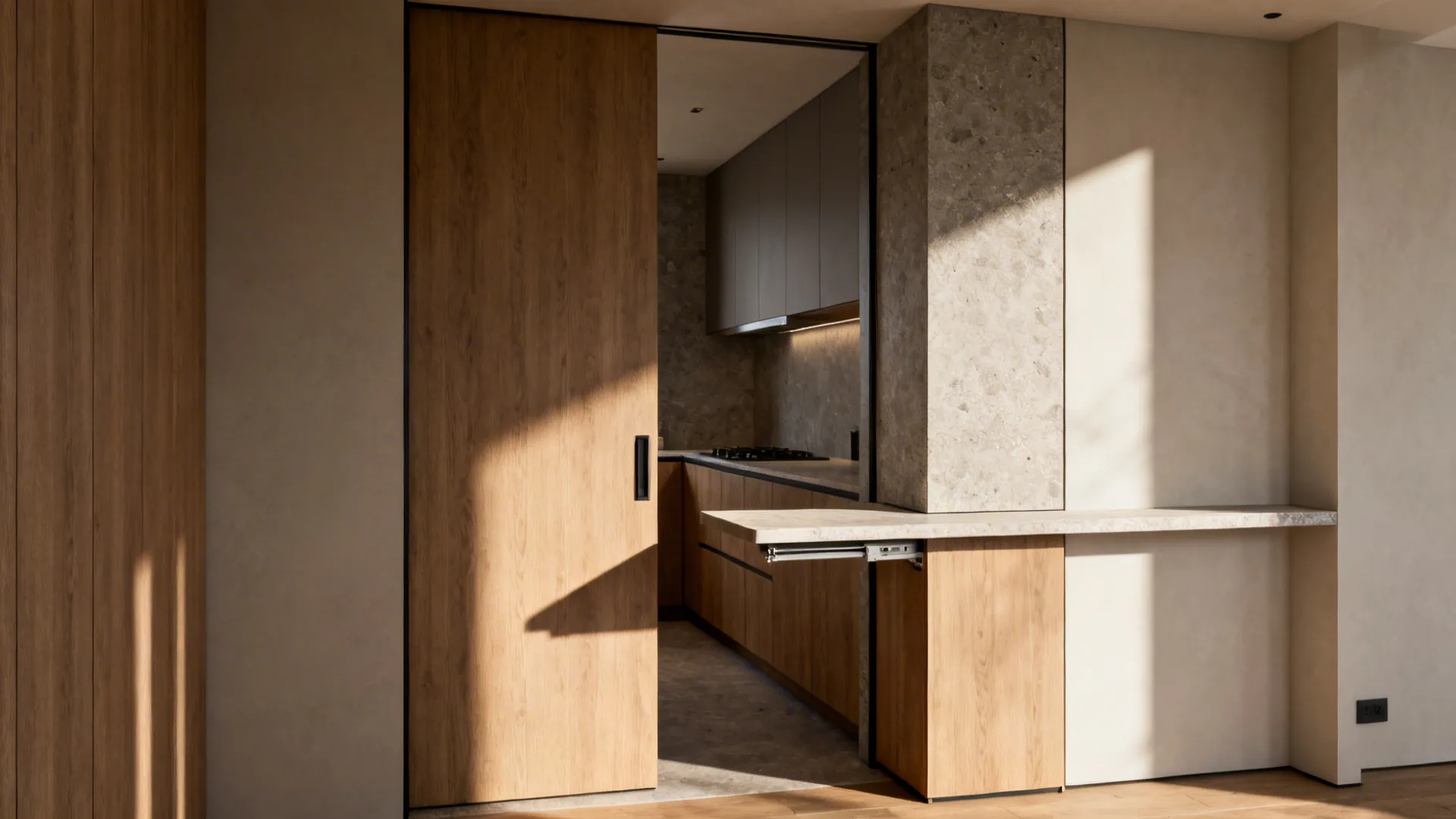 Pocket door opening to a compact kitchen with a pull-out counter extended for prep