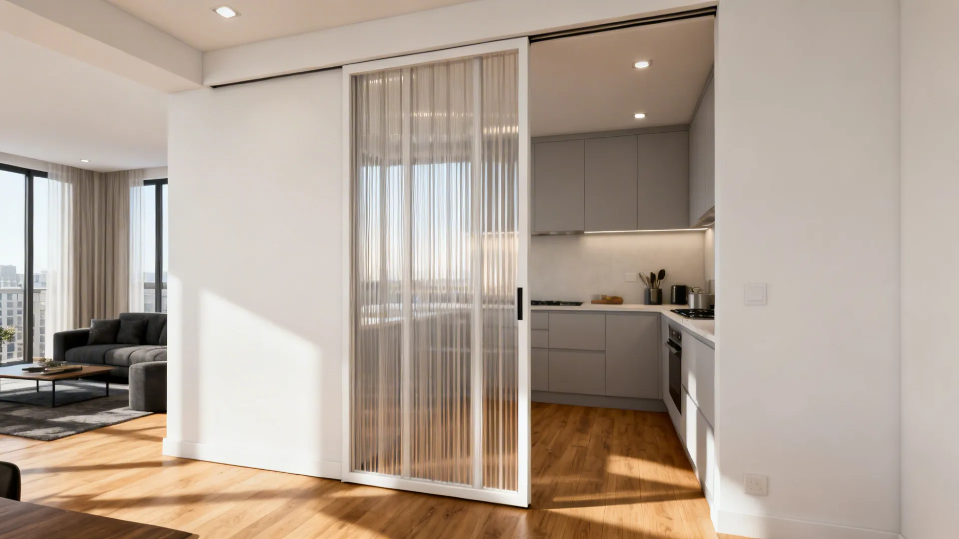 Modern sliding glass door separating grey kitchen from living room with light wooden floor design