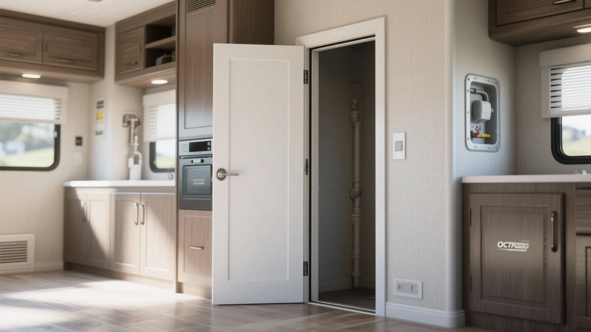 Modern white door standing open inside a brown wooden kitchen area with a small oven