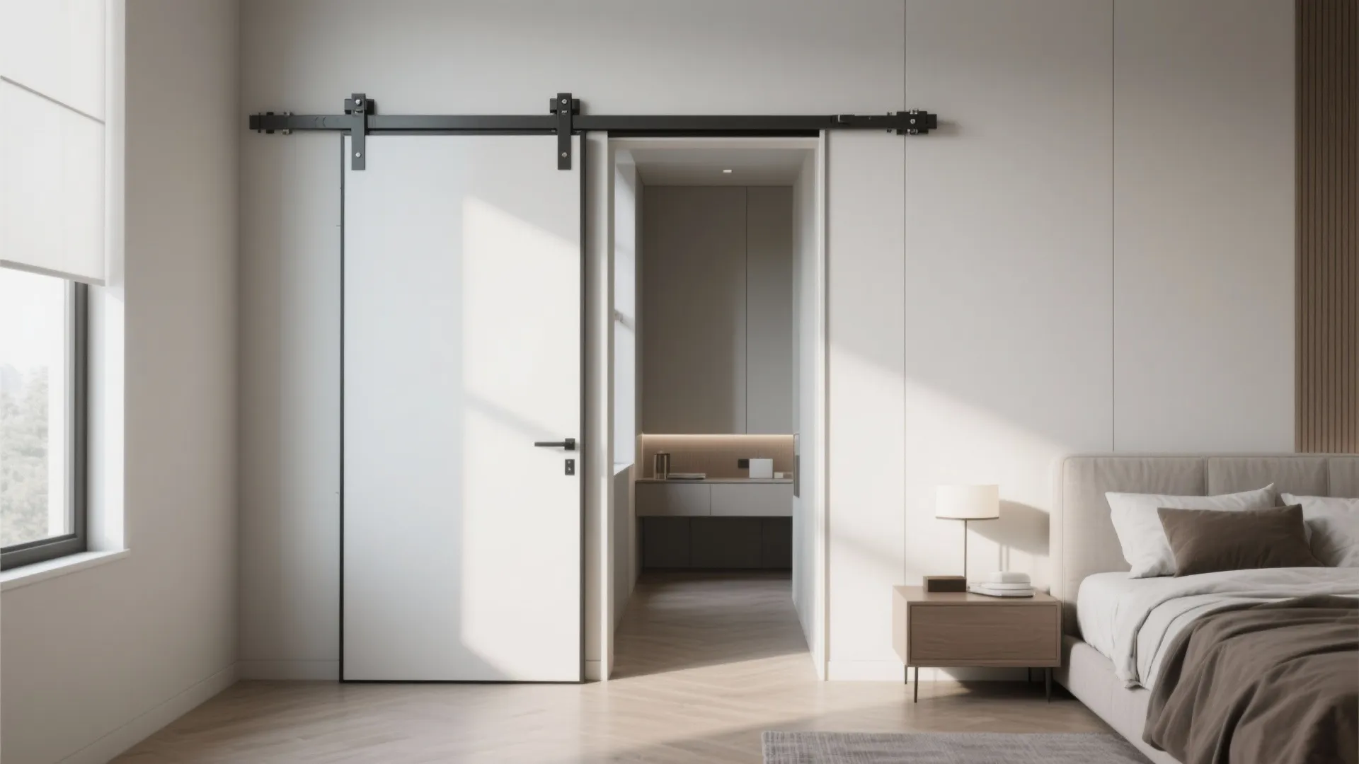 Bedroom showing a pocket door slid into the wall to save swing clearance in a narrow layout