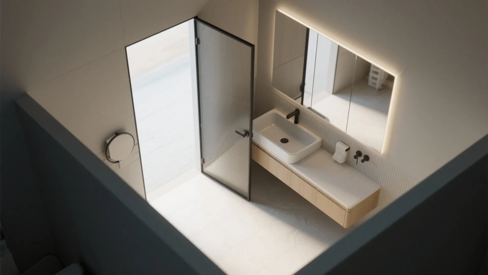 Top view interior design drawing of a bathroom showing sink mirror open glass door and tiles