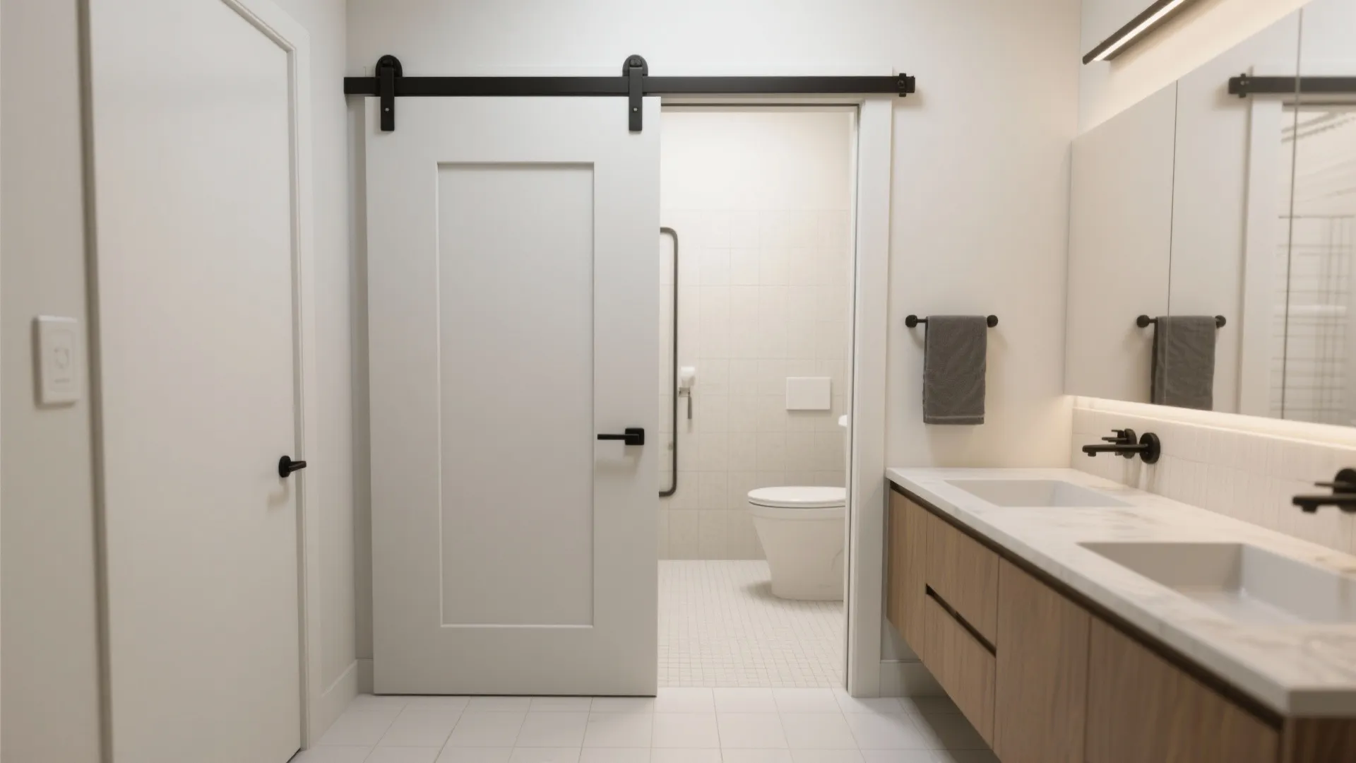 White sliding door with black hardware opens to bathroom with toilet and double sink vanity