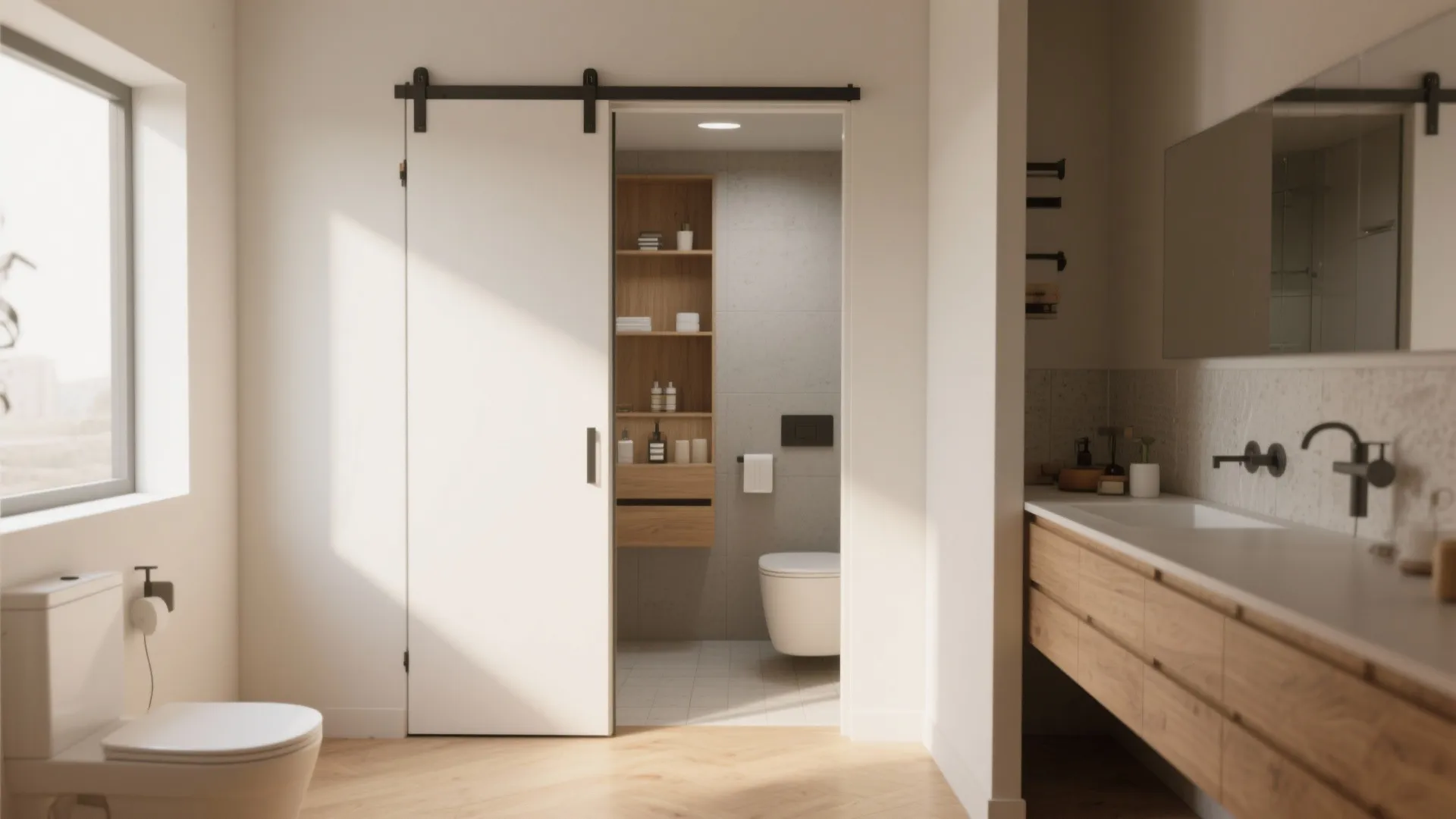 White sliding door opening into a small bathroom with wooden shelves, white toilet, and mirror