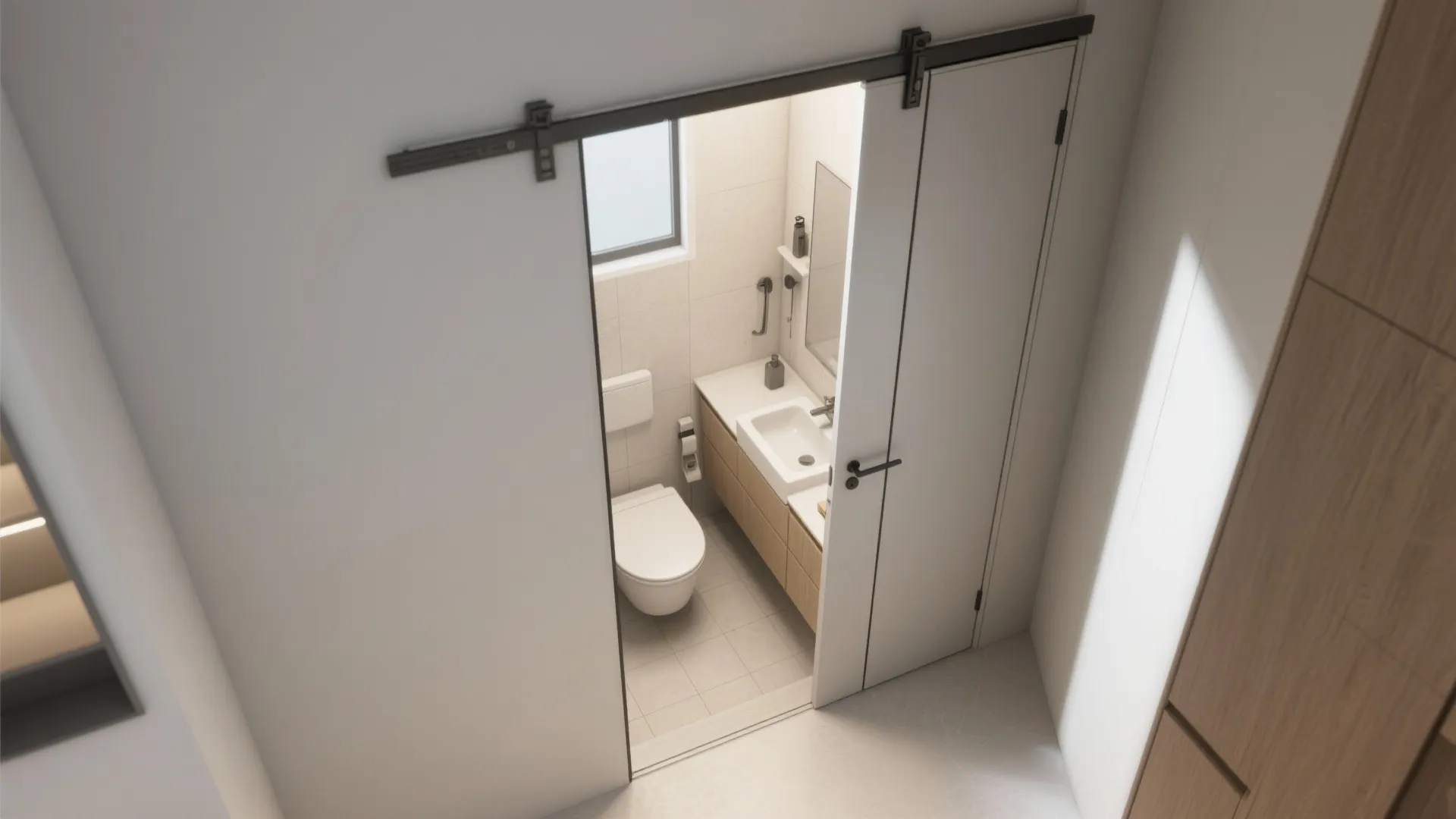 Pocket door retracted into wall showing full clear opening in a compact bathroom layout.