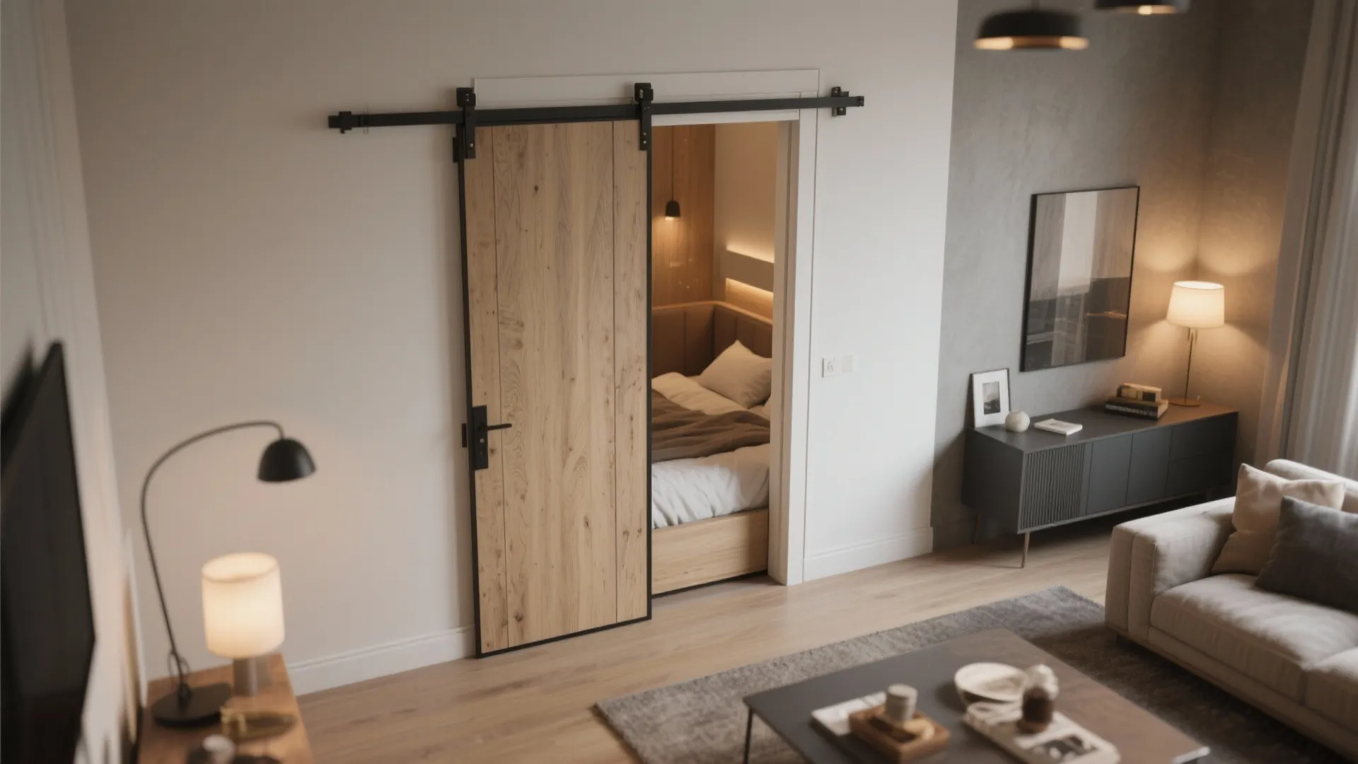 Wooden sliding door opening into a cozy bedroom with warm lighting and a modern sofa