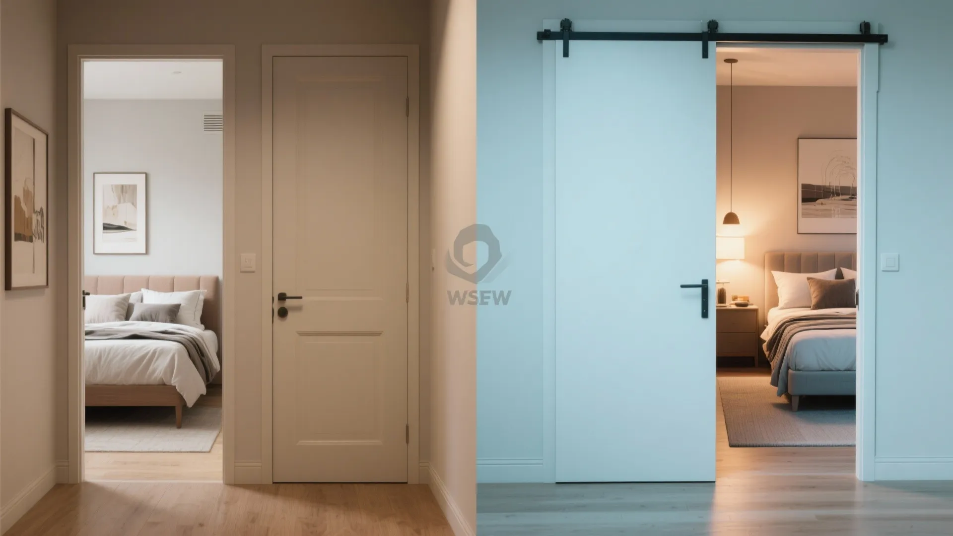Side-by-side comparison showing a standard white swinging door versus a modern space-saving sliding door design