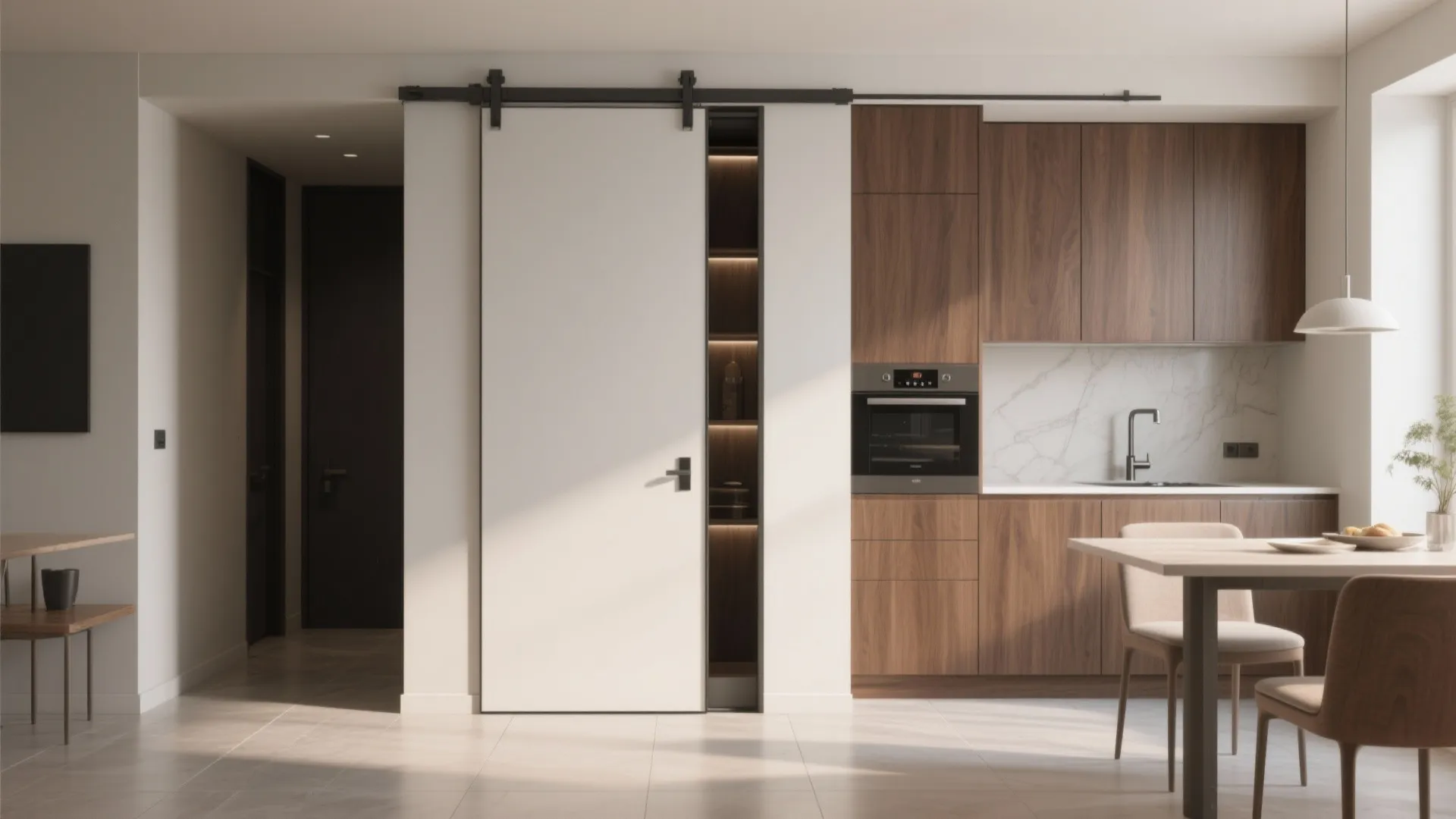 Modern kitchen with wood cabinets and a white sliding door revealing a small pantry space