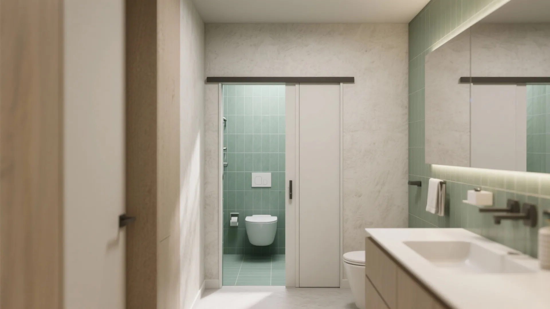 Compact bathroom with a pocket door fully slid into the wall, showing reclaimed floor space