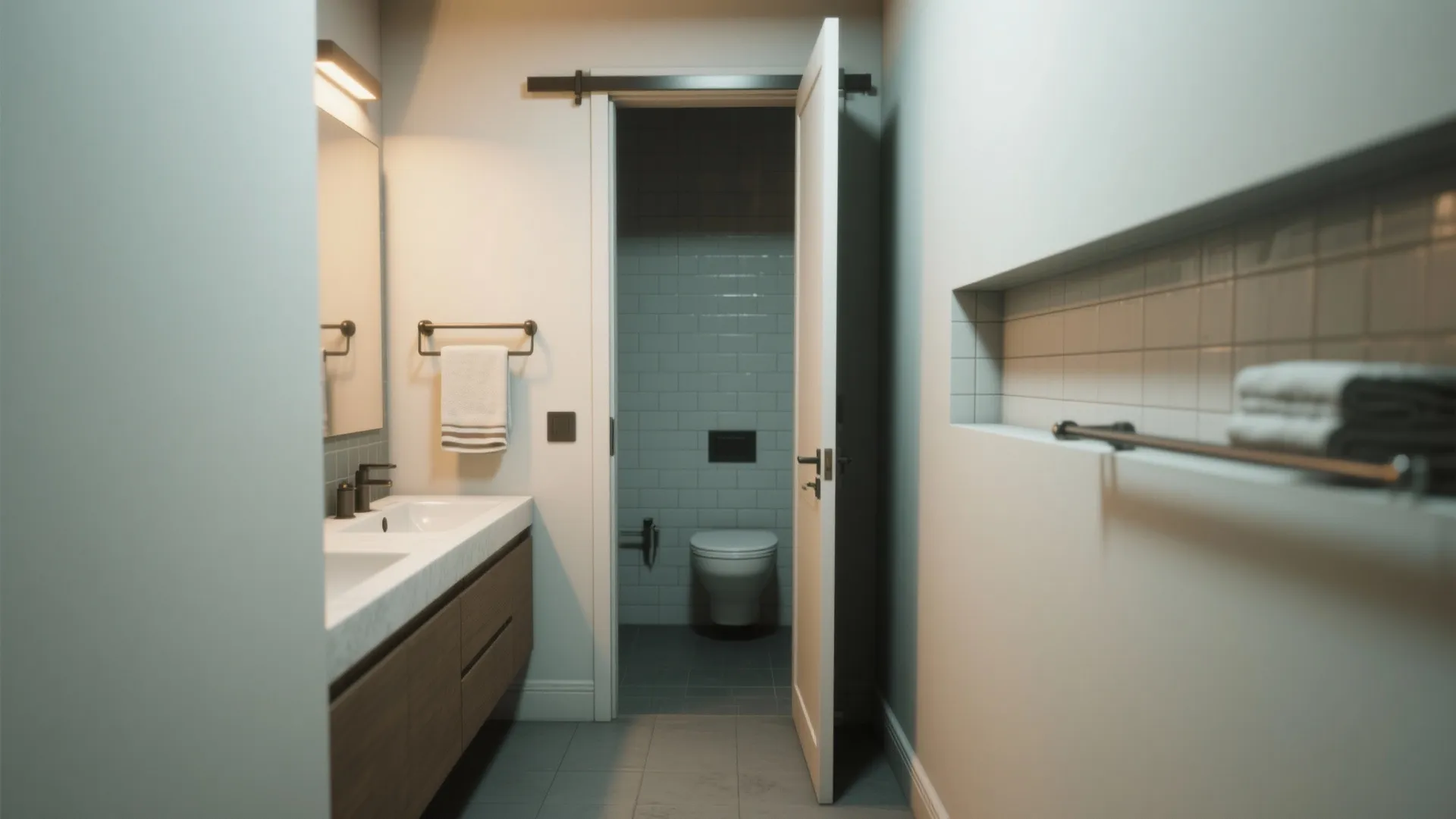 Modern bathroom interior featuring double sinks wood cabinet white open door and small toilet area layout