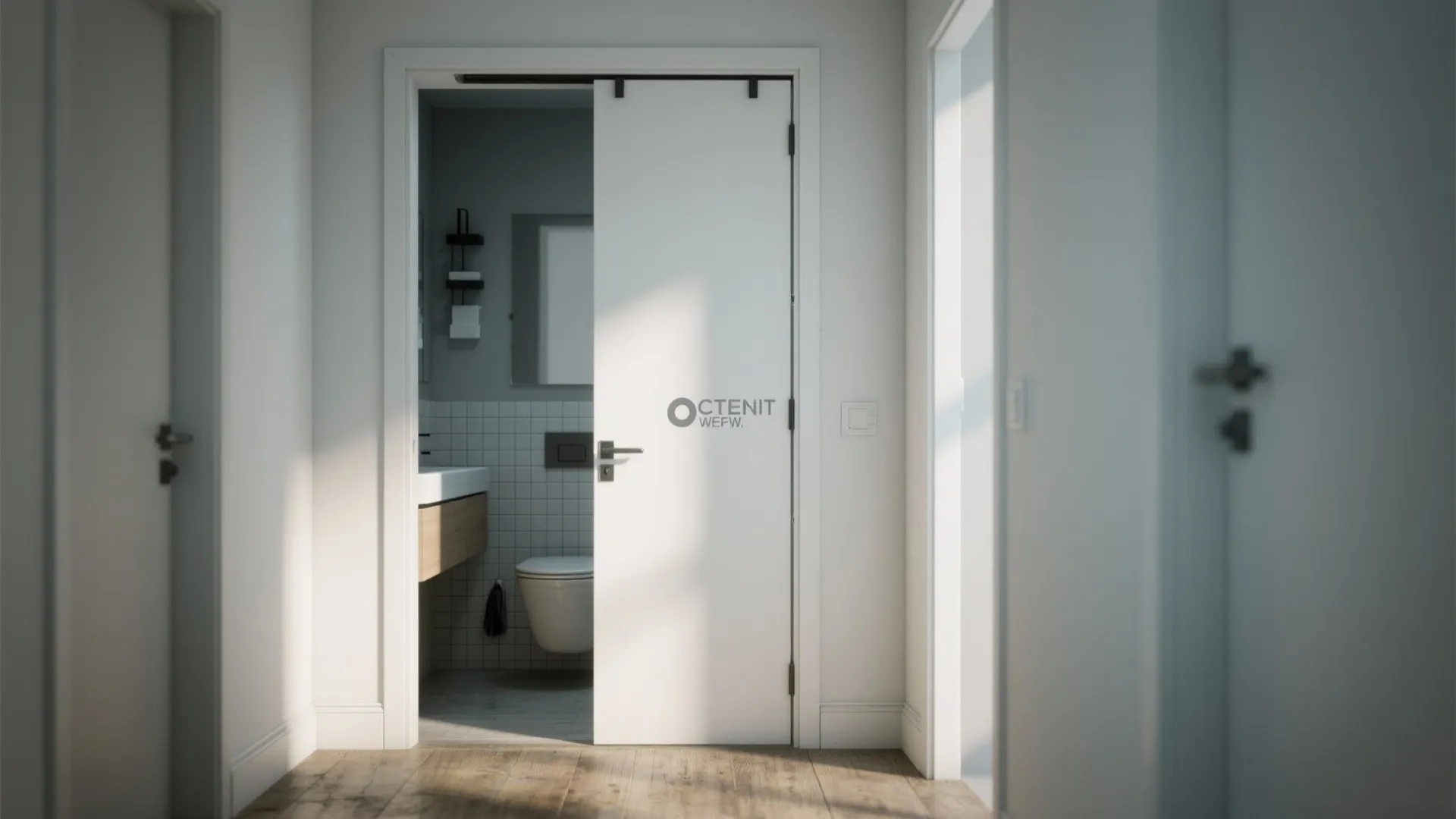 Modern white sliding door leading to a clean bathroom with white tiles and wooden floor