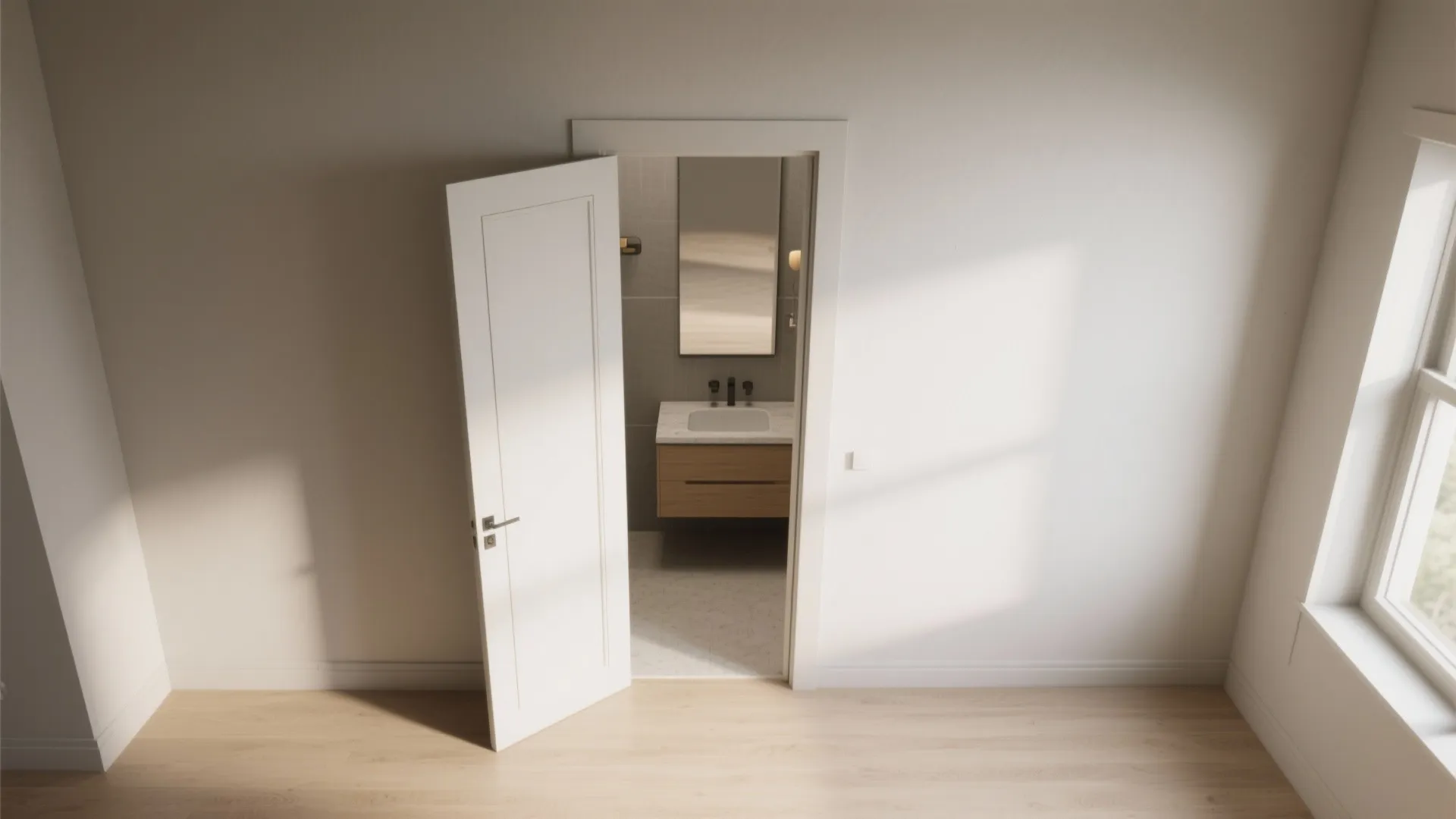Pocket door recessed into the wall with a small vanity occupying reclaimed space in a narrow bathroom.
