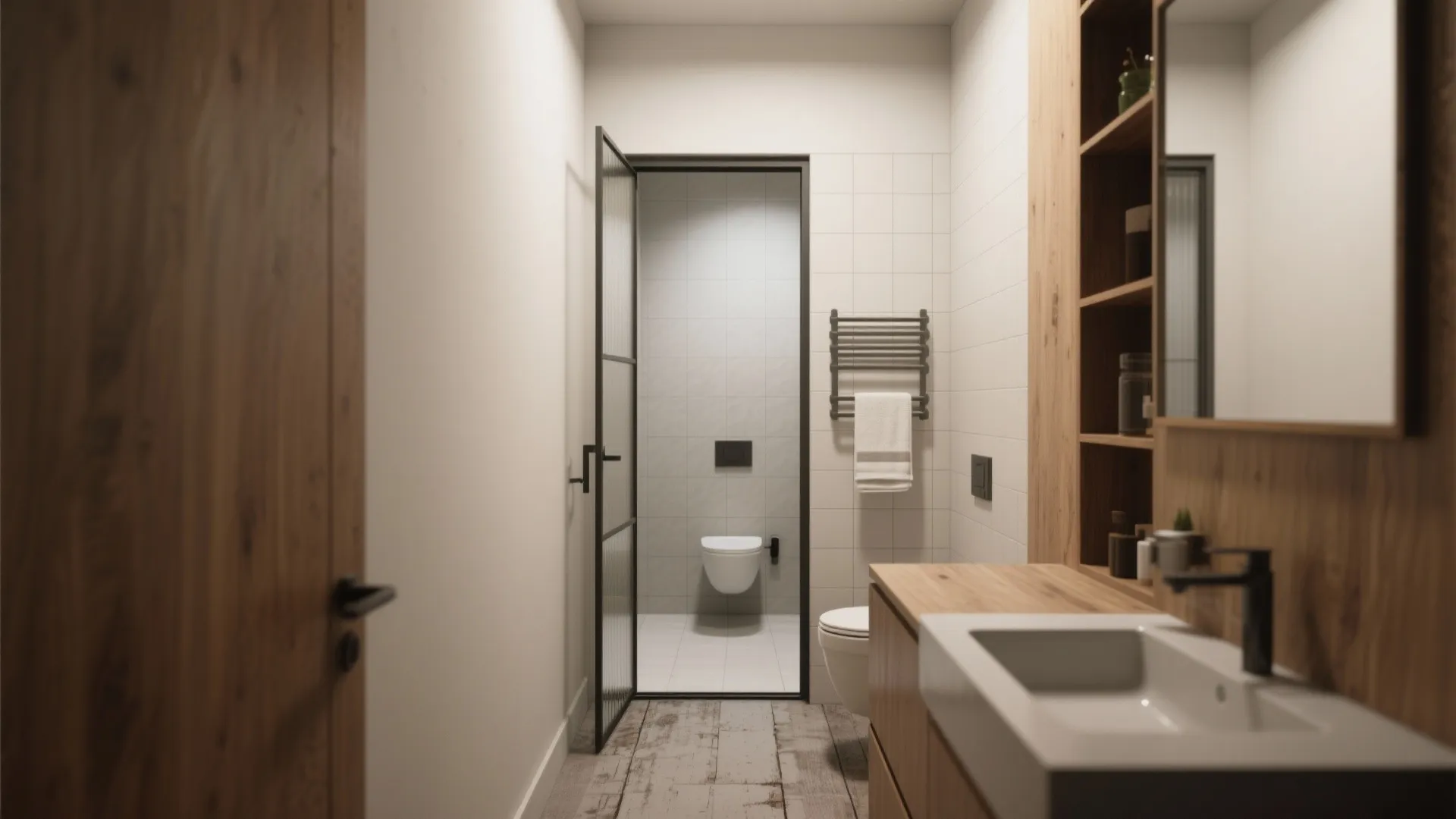 Modern bathroom view through a wood door showing white toilet sink and glass shower door