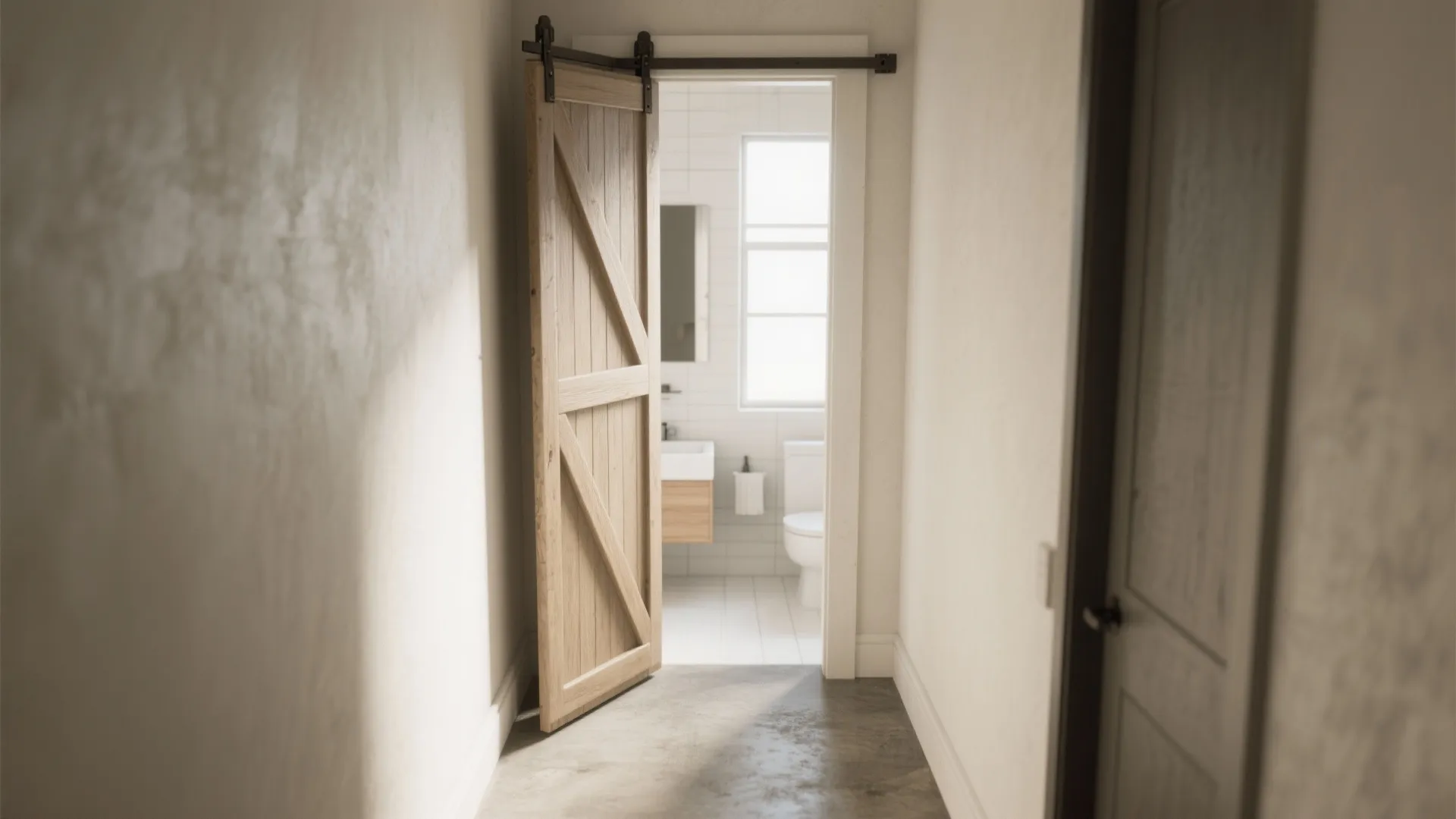 Bright hallway looking into a white bathroom with wooden sliding door sink toilet and window